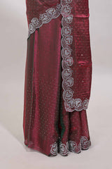 Maroon stone work designer saree with self heartin design scallop border and matching blouse