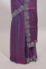 Puple stone work designer saree with self heartin design scallop border and matching blouse