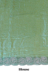 Green stone work designer saree with self heartin design scallop border and matching blouse