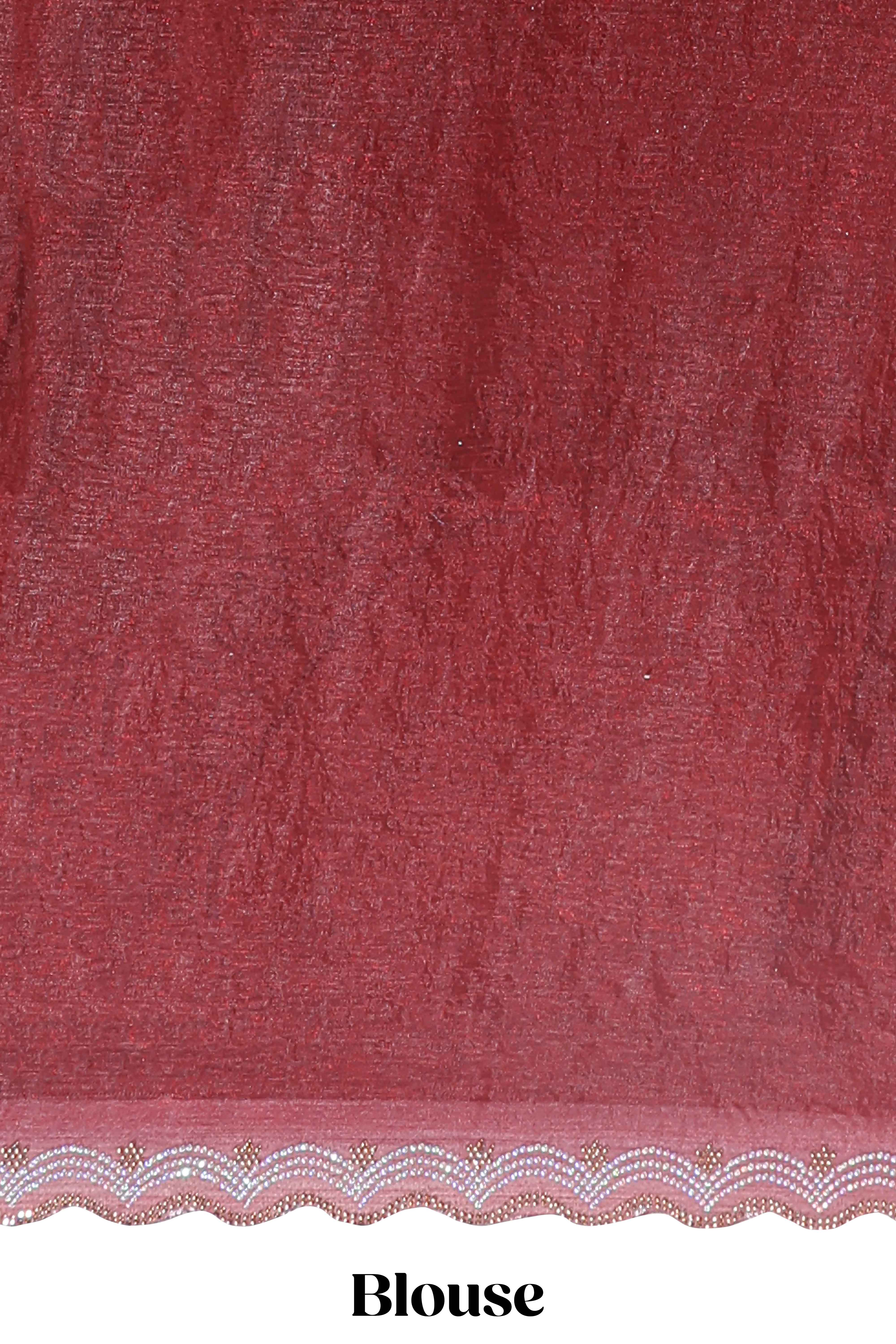 Maroon stone work floral motifs designer saree with self design scallop border and matching blouse