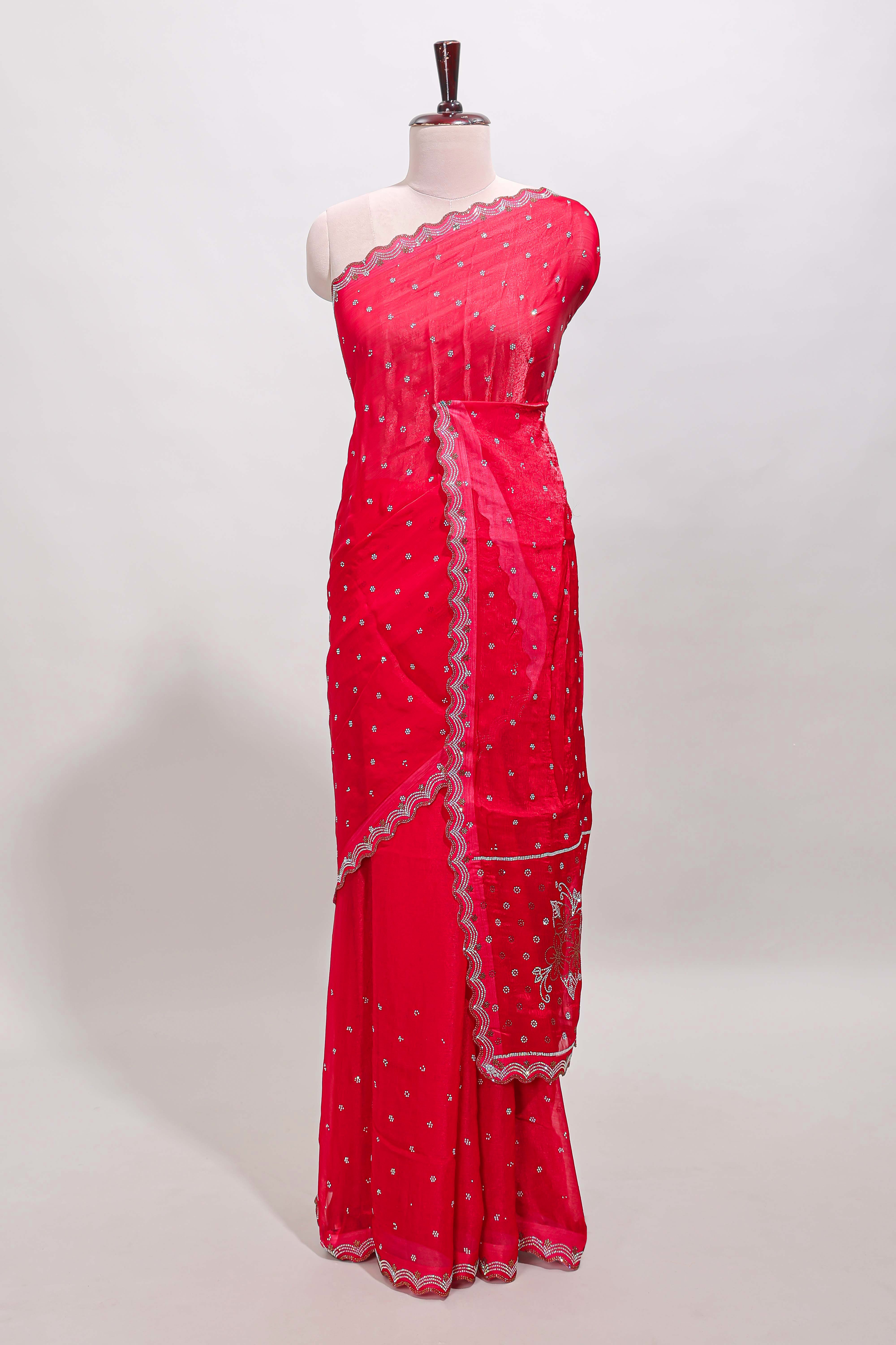 Pink stone work floral motifs designer saree with self design scallop border and matching blouse