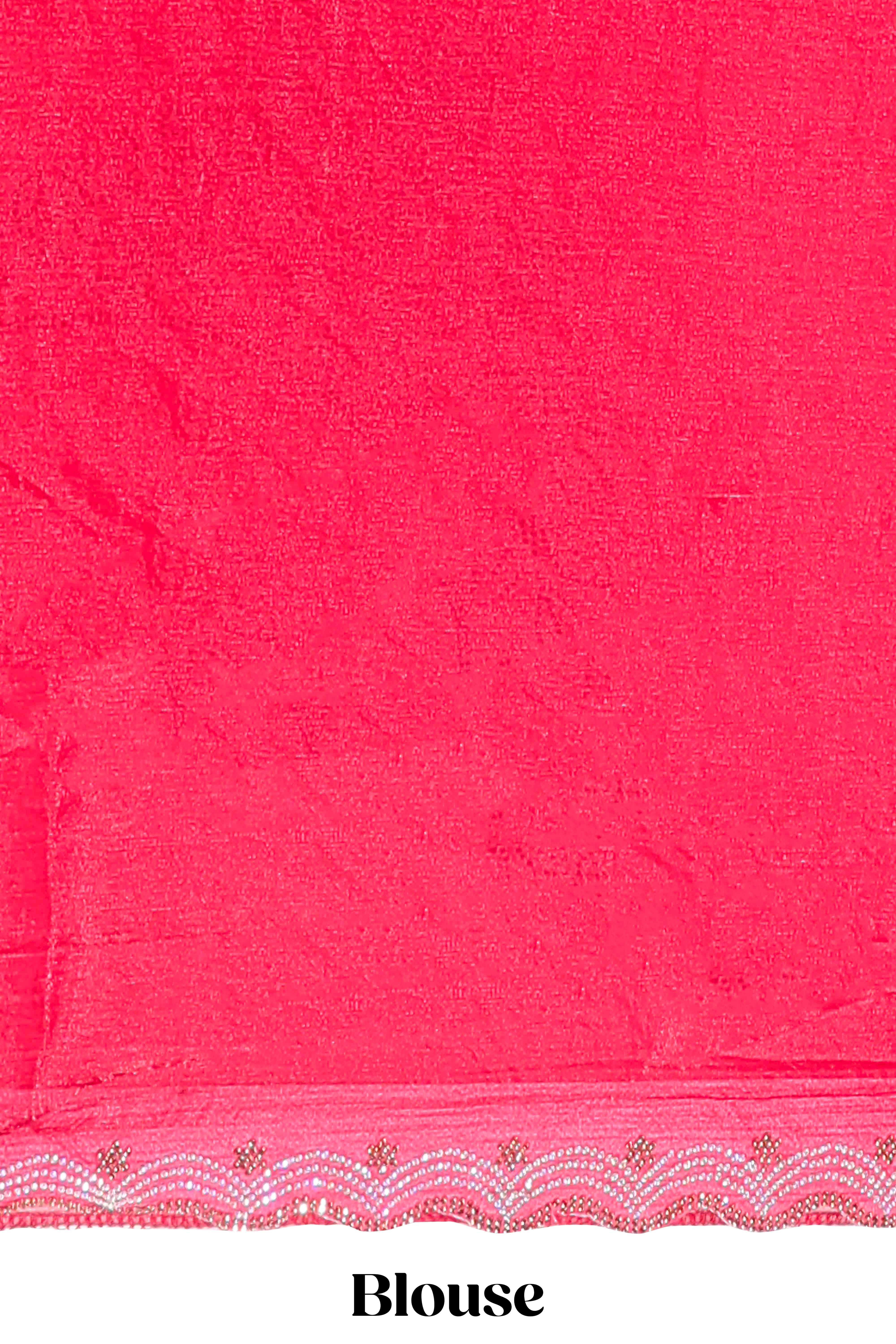 Pink stone work floral motifs designer saree with self design scallop border and matching blouse