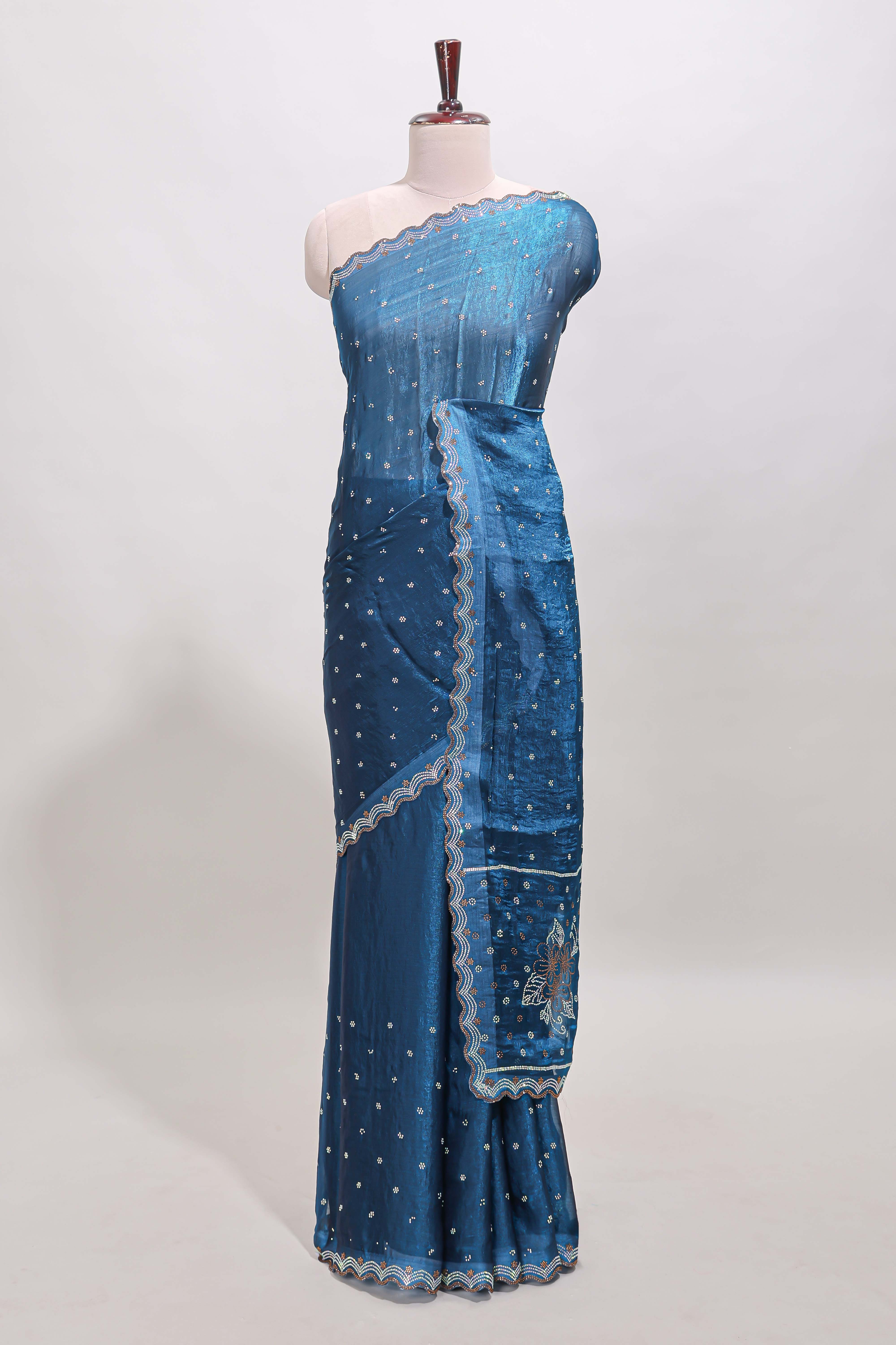 Midnight blue stone work floral motifs designer saree with self design scallop border and matching blouse