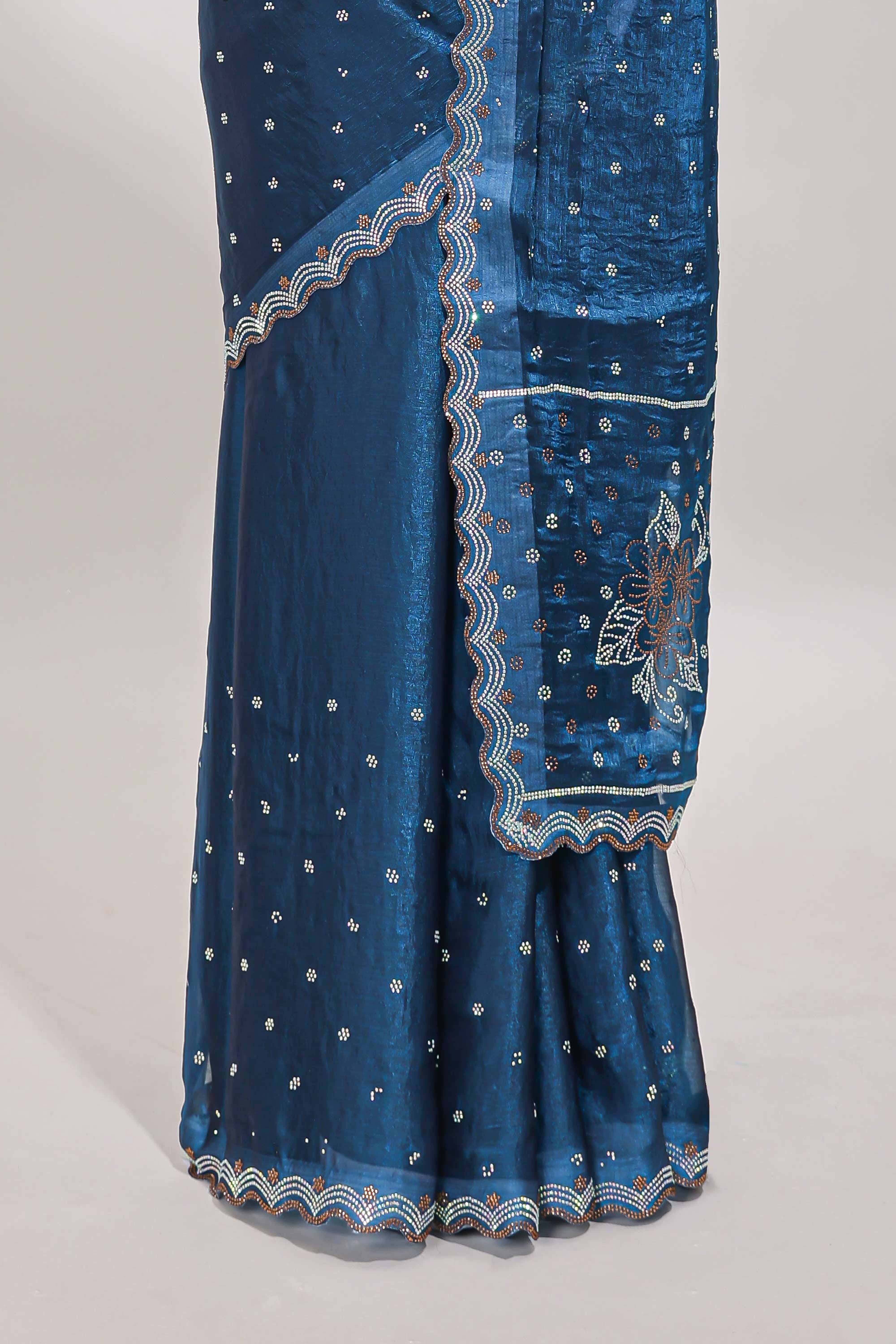 Midnight blue stone work floral motifs designer saree with self design scallop border and matching blouse