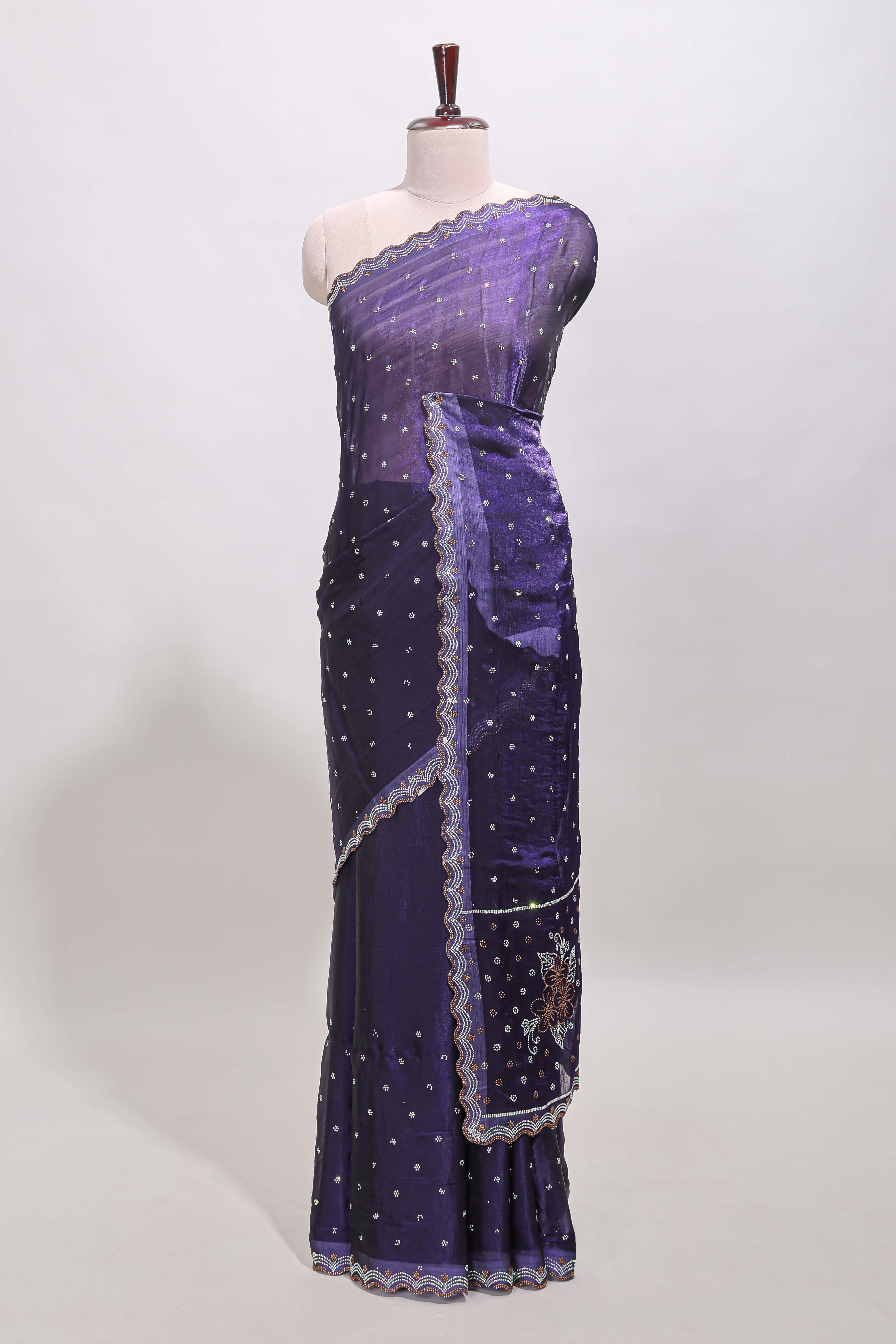 Violet stone work floral motifs designer saree with self design scallop border and matching blouse