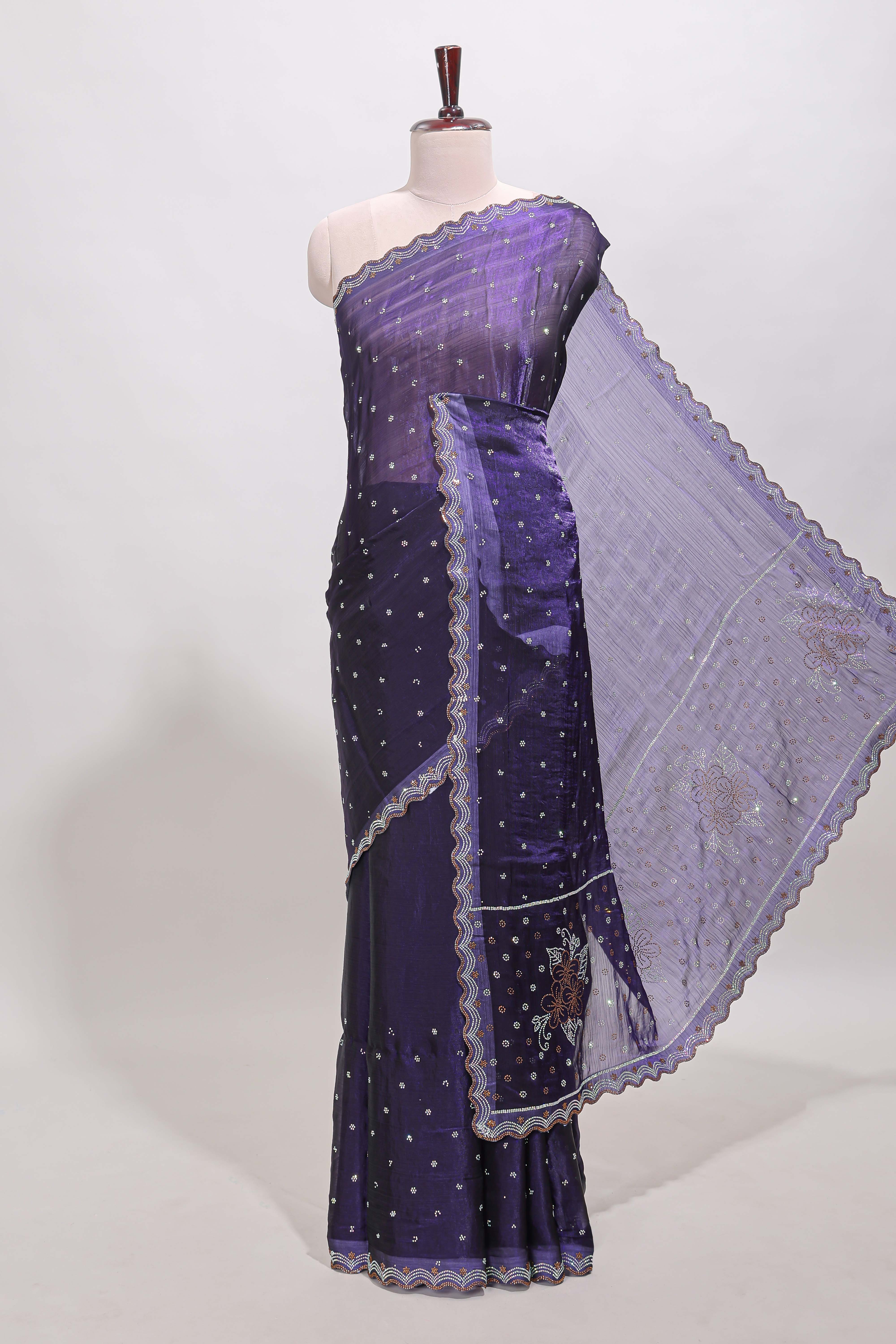 Violet stone work floral motifs designer saree with self design scallop border and matching blouse