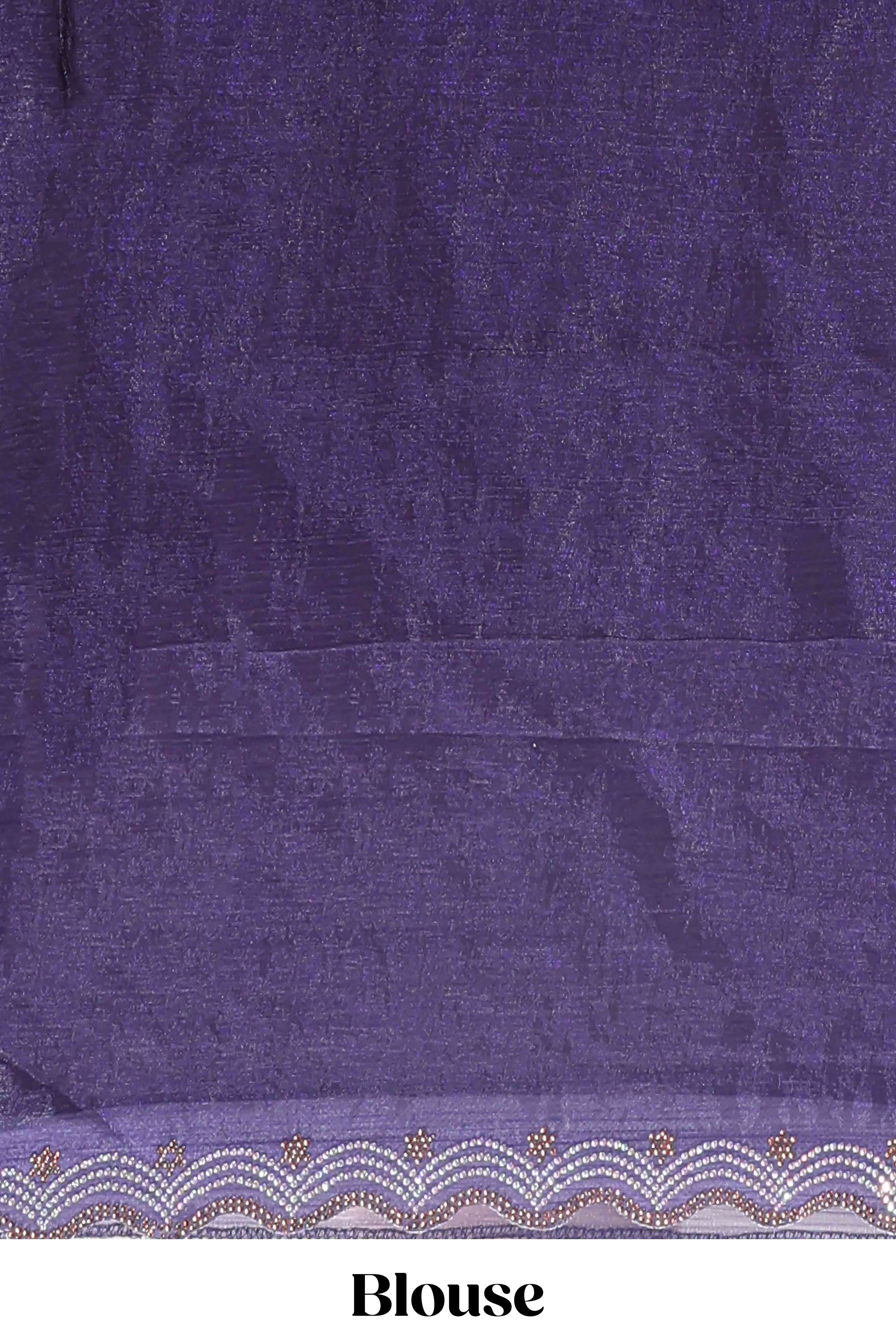 Violet stone work floral motifs designer saree with self design scallop border and matching blouse