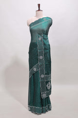 Green dotted stone work designer saree with self floral design scallop border and matching blouse