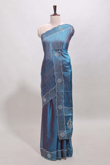 Blue dotted stone work designer saree with self floral design scallop border and matching blouse