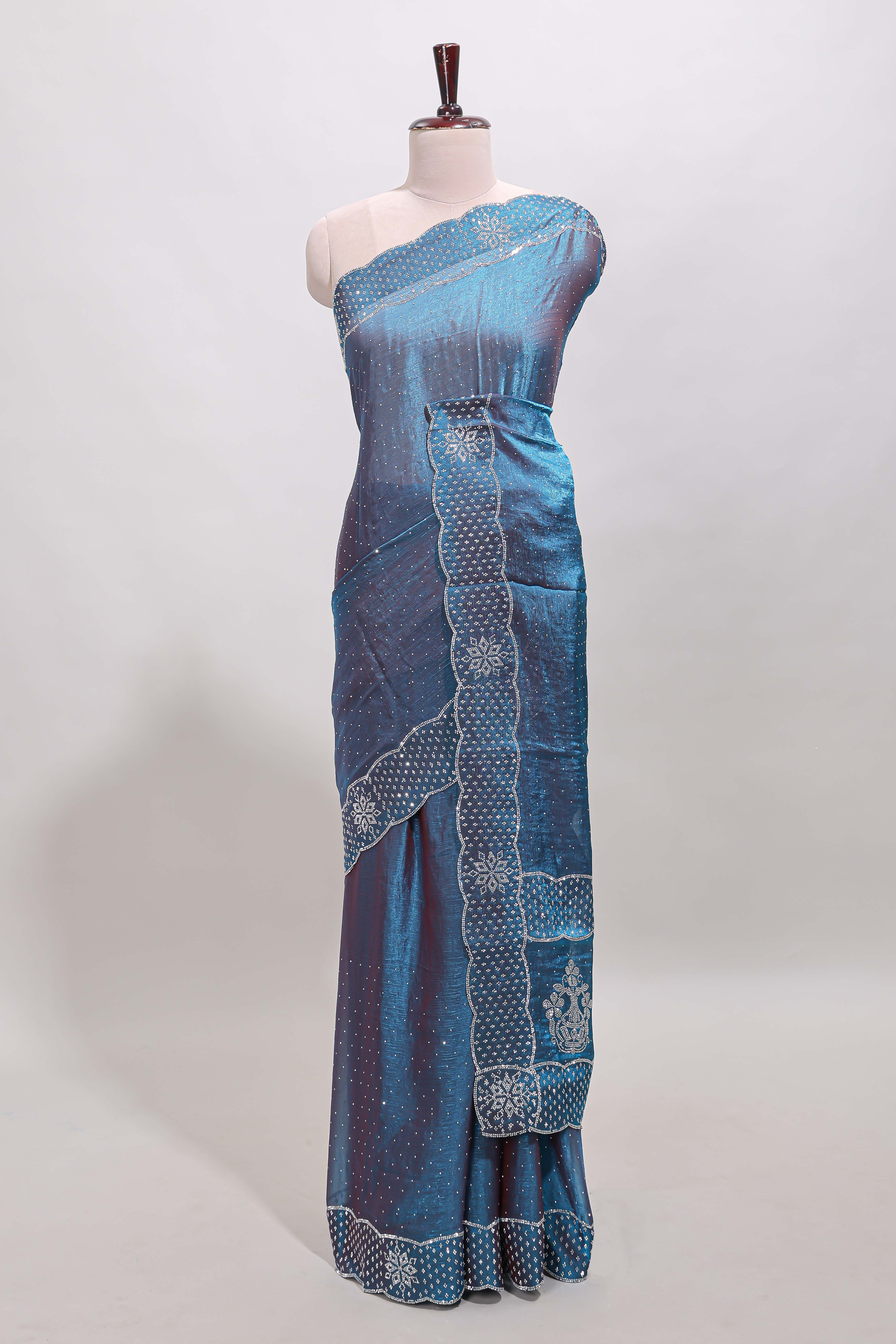 Blue dotted stone work designer saree with self floral design scallop border and matching blouse