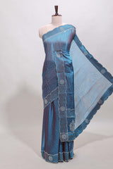 Blue dotted stone work designer saree with self floral design scallop border and matching blouse