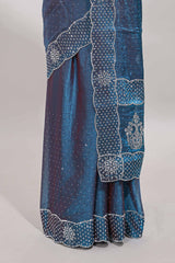 Blue dotted stone work designer saree with self floral design scallop border and matching blouse