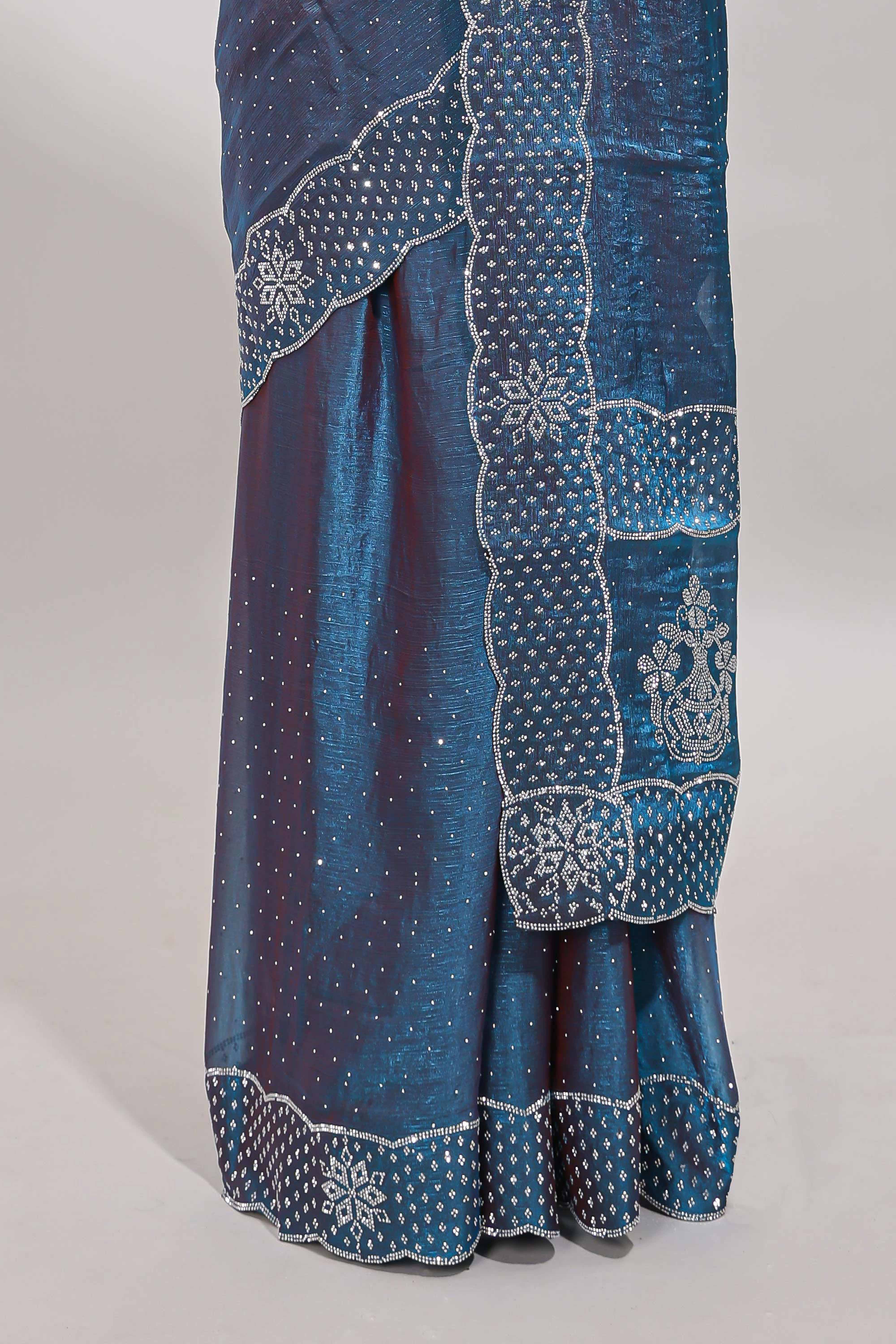 Blue dotted stone work designer saree with self floral design scallop border and matching blouse