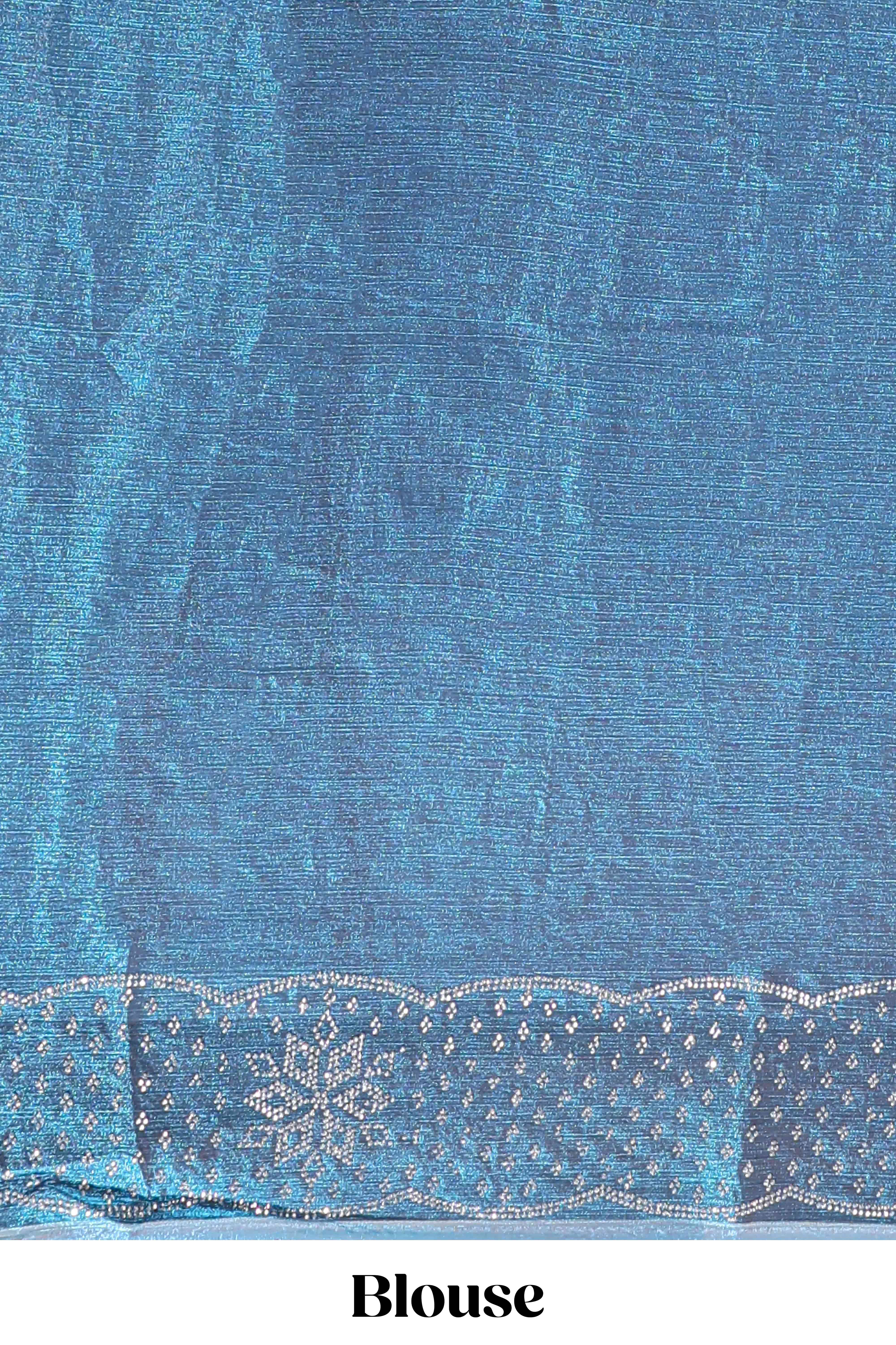 Blue dotted stone work designer saree with self floral design scallop border and matching blouse