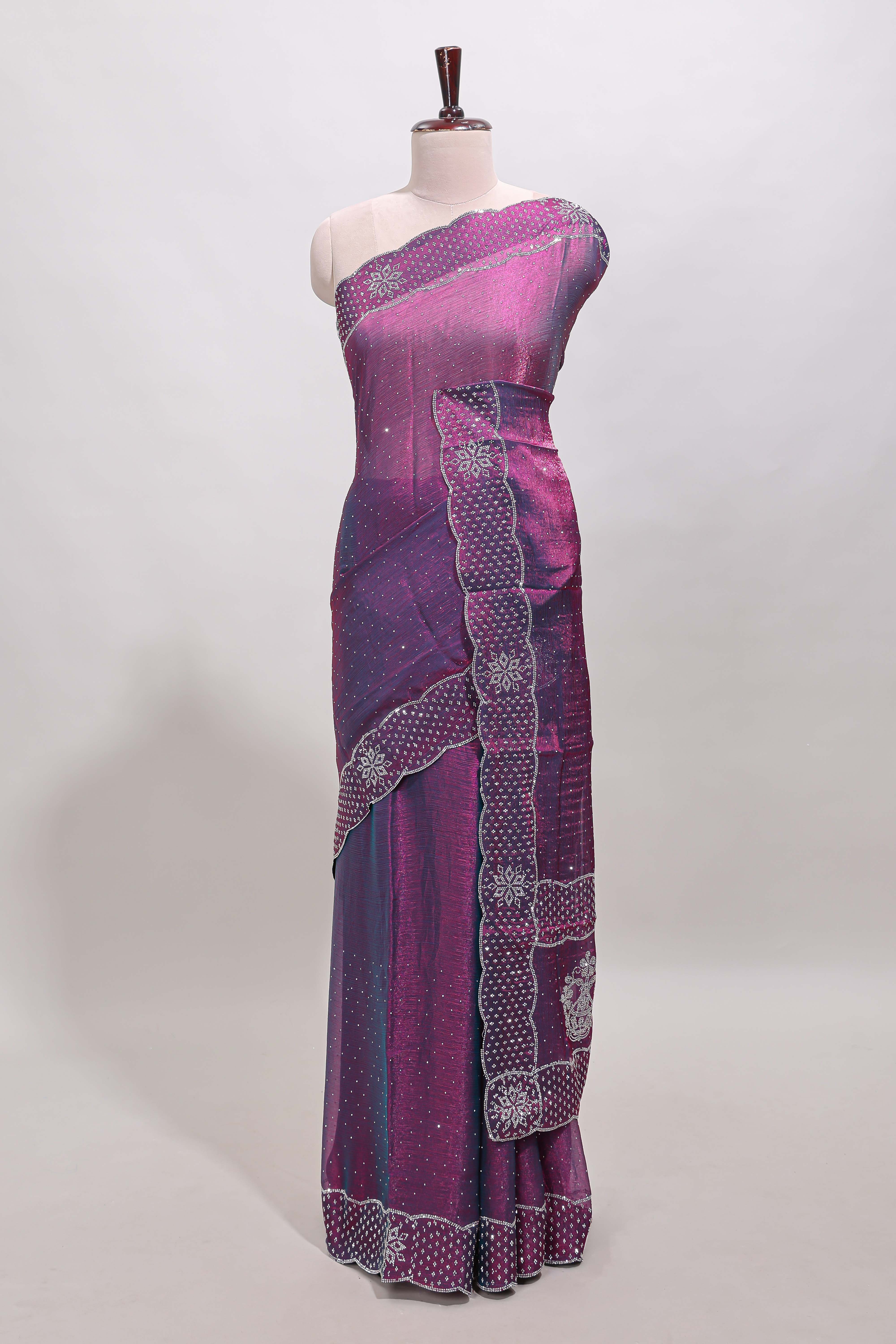 Purple dotted stone work designer saree with self floral design scallop border and matching blouse