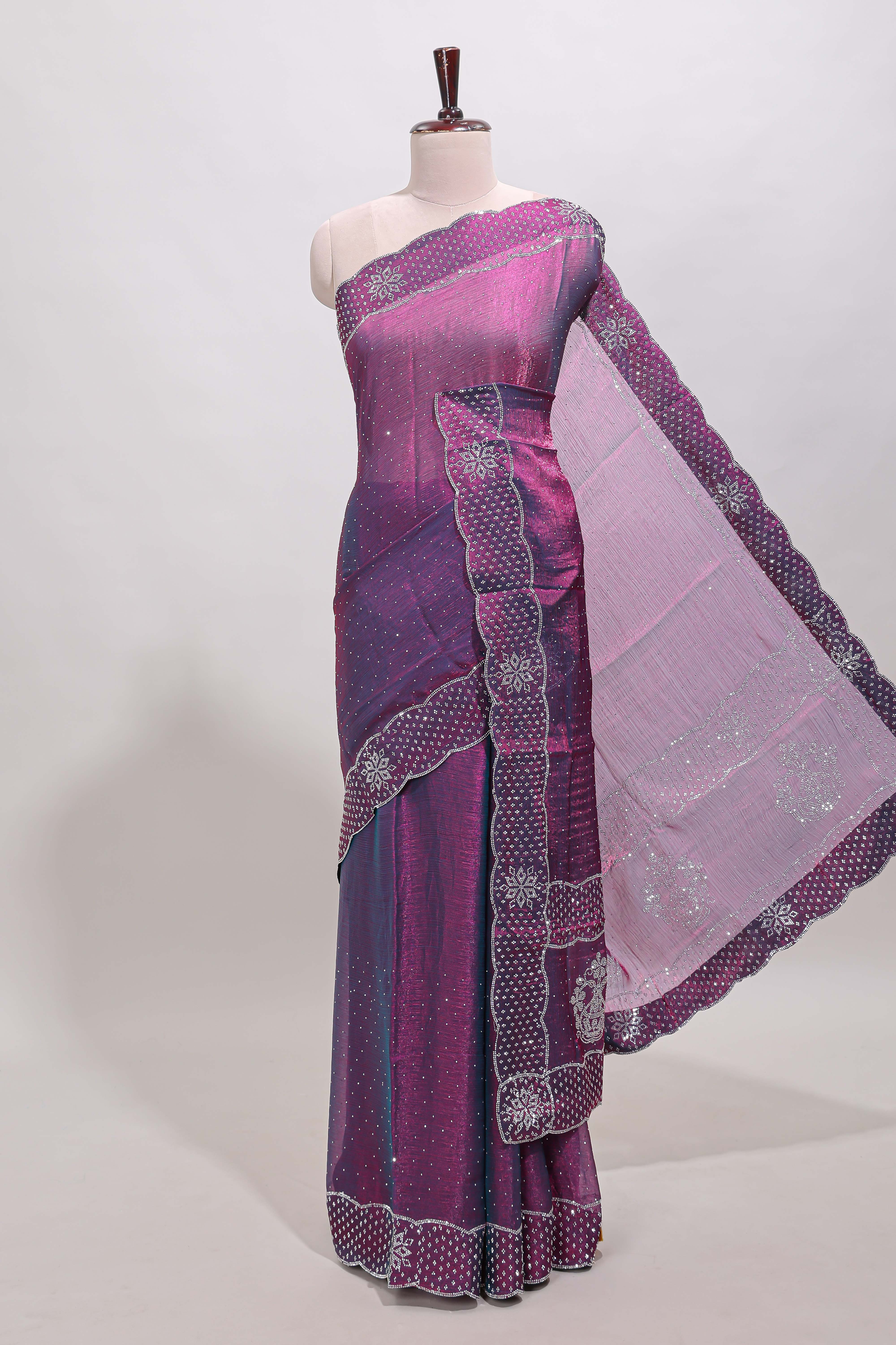 Purple dotted stone work designer saree with self floral design scallop border and matching blouse
