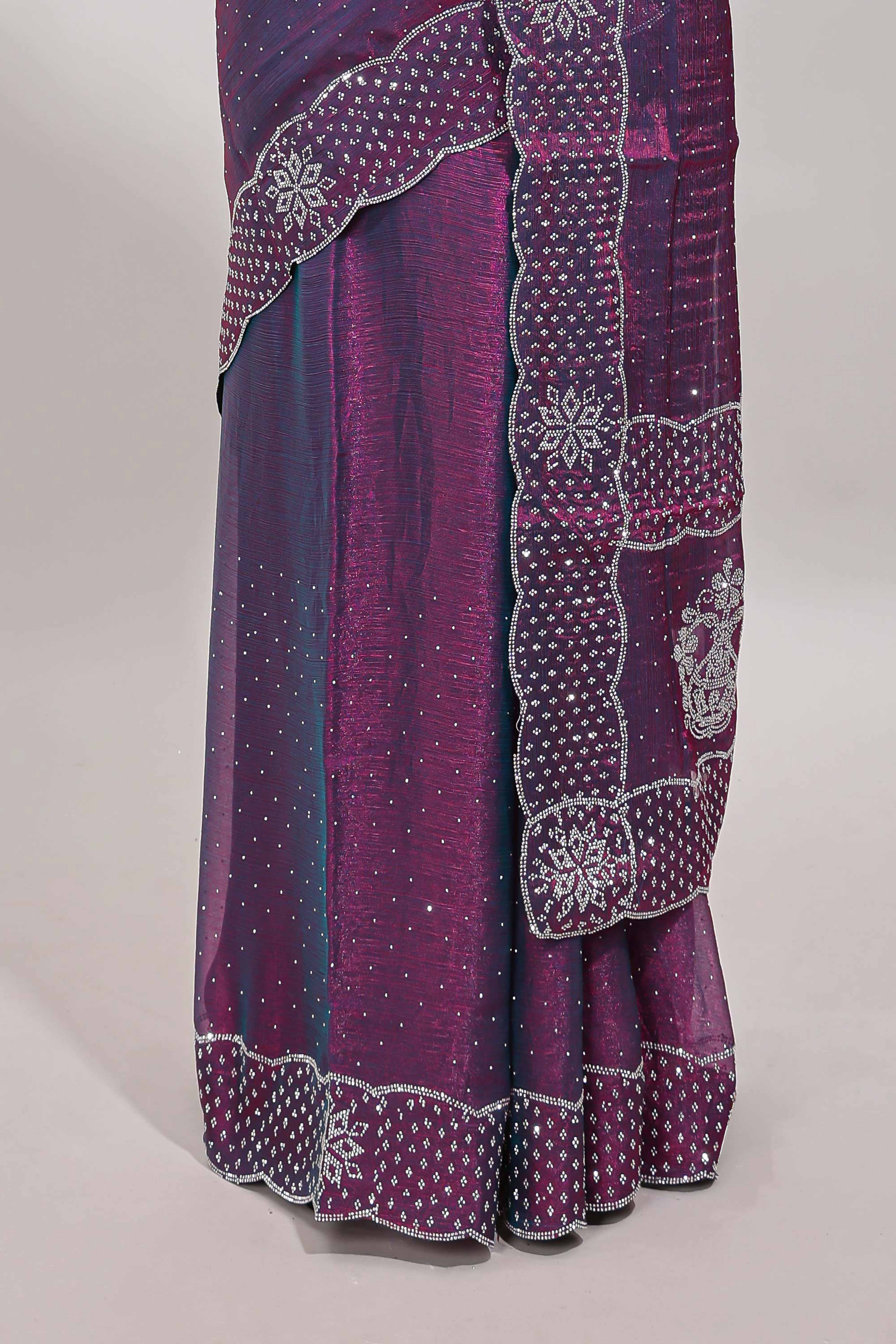 Purple dotted stone work designer saree with self floral design scallop border and matching blouse