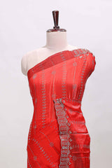 Pink striped floral design stone work designer saree with self scallop design border and matching blouse