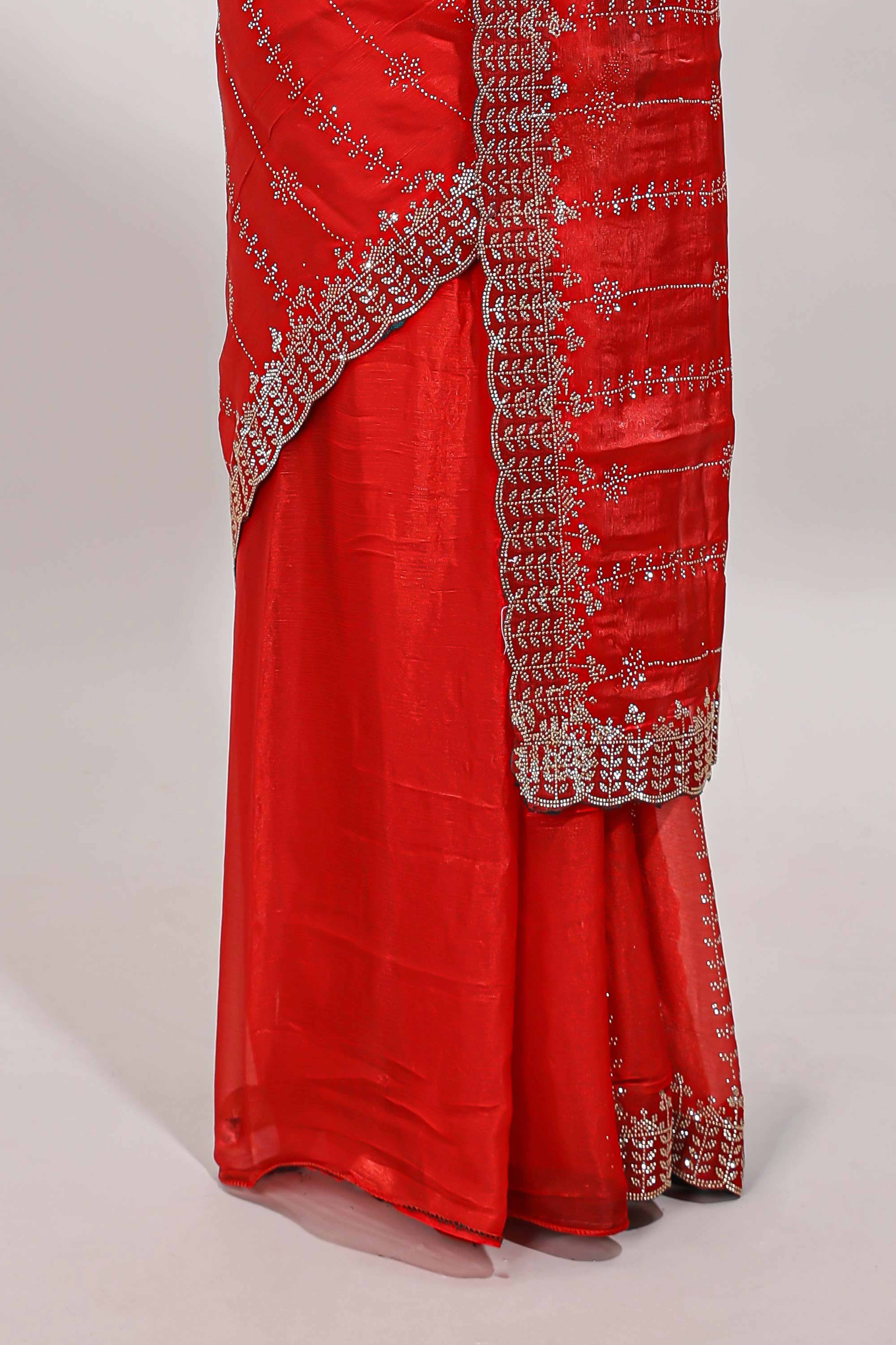 Pink striped floral design stone work designer saree with self scallop design border and matching blouse