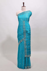 Blue striped floral design stone work designer saree with self scallop design border and matching blouse