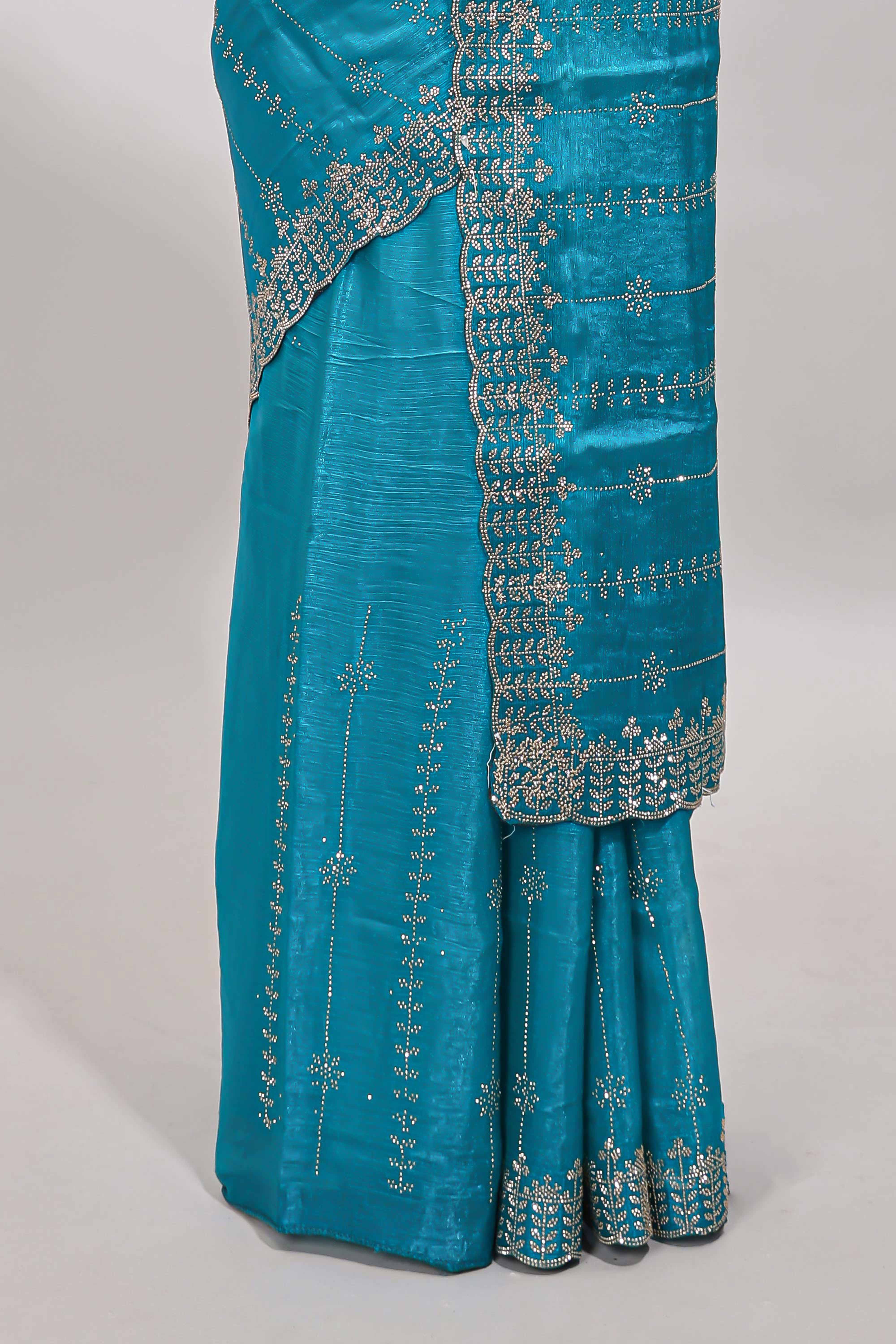 Blue striped floral design stone work designer saree with self scallop design border and matching blouse