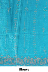 Blue striped floral design stone work designer saree with self scallop design border and matching blouse