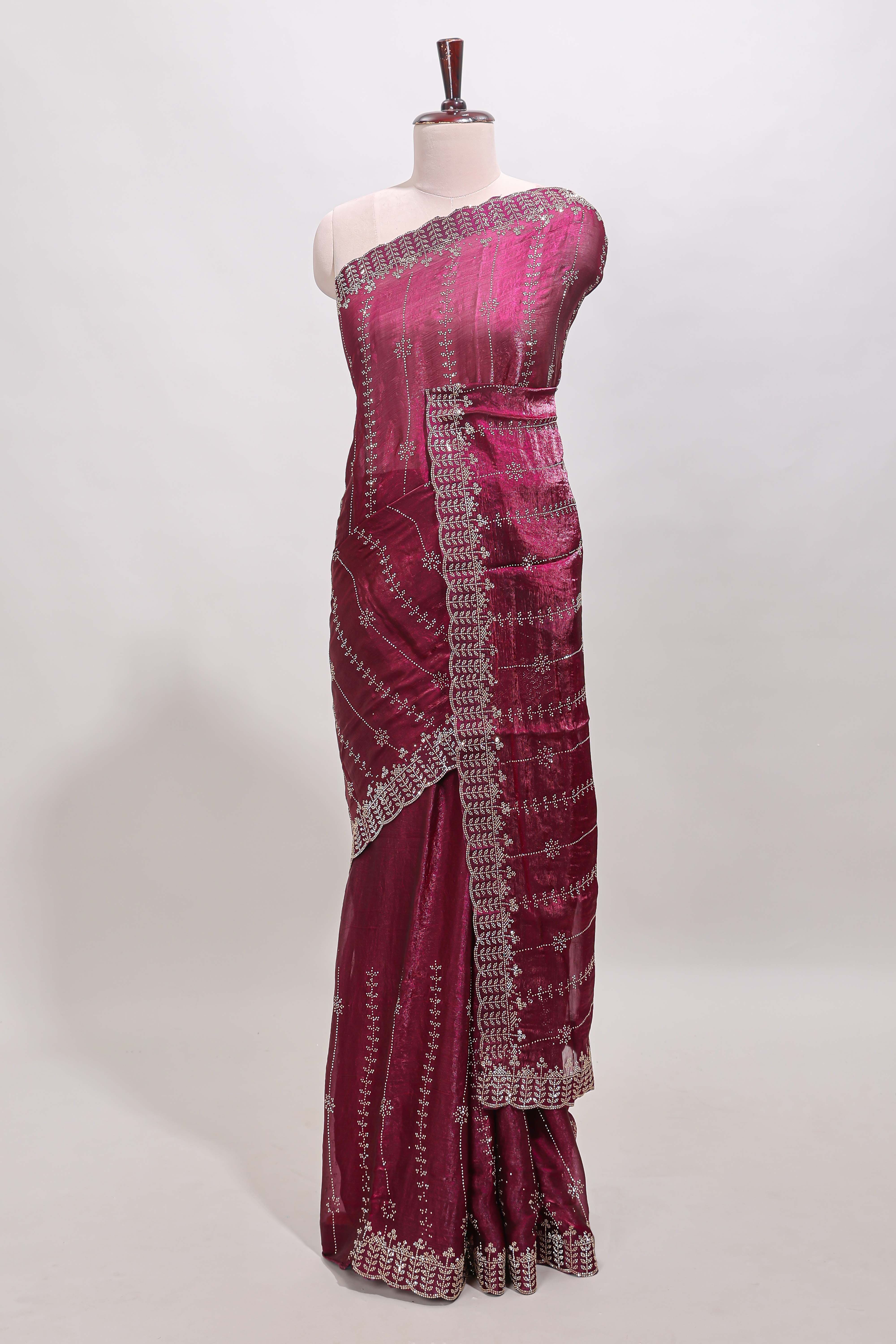 Purple striped floral design stone work designer saree with self scallop design border and matching blouse