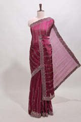 Purple striped floral design stone work designer saree with self scallop design border and matching blouse