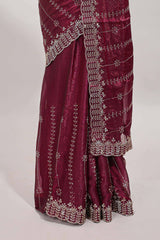 Purple striped floral design stone work designer saree with self scallop design border and matching blouse
