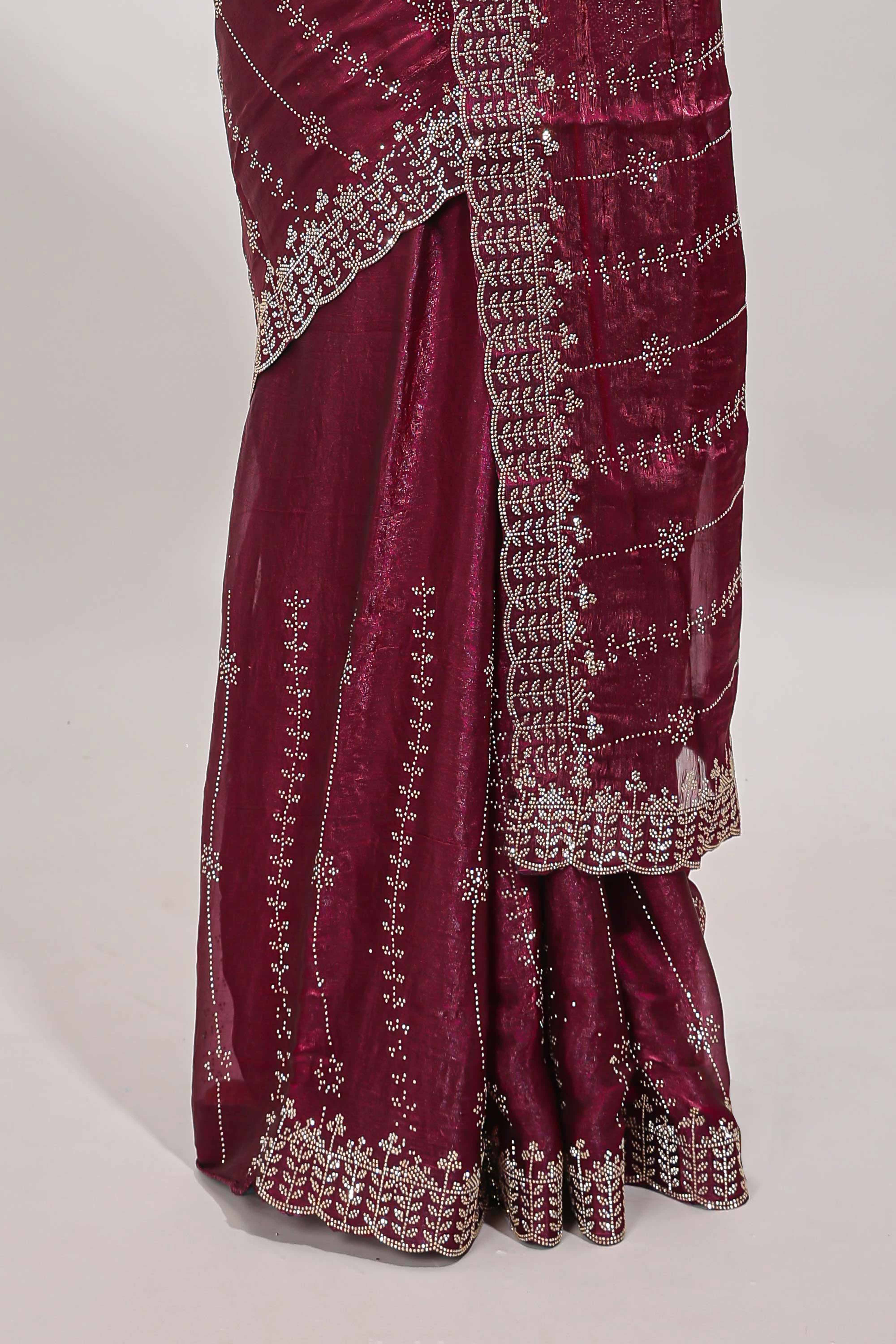 Purple striped floral design stone work designer saree with self scallop design border and matching blouse