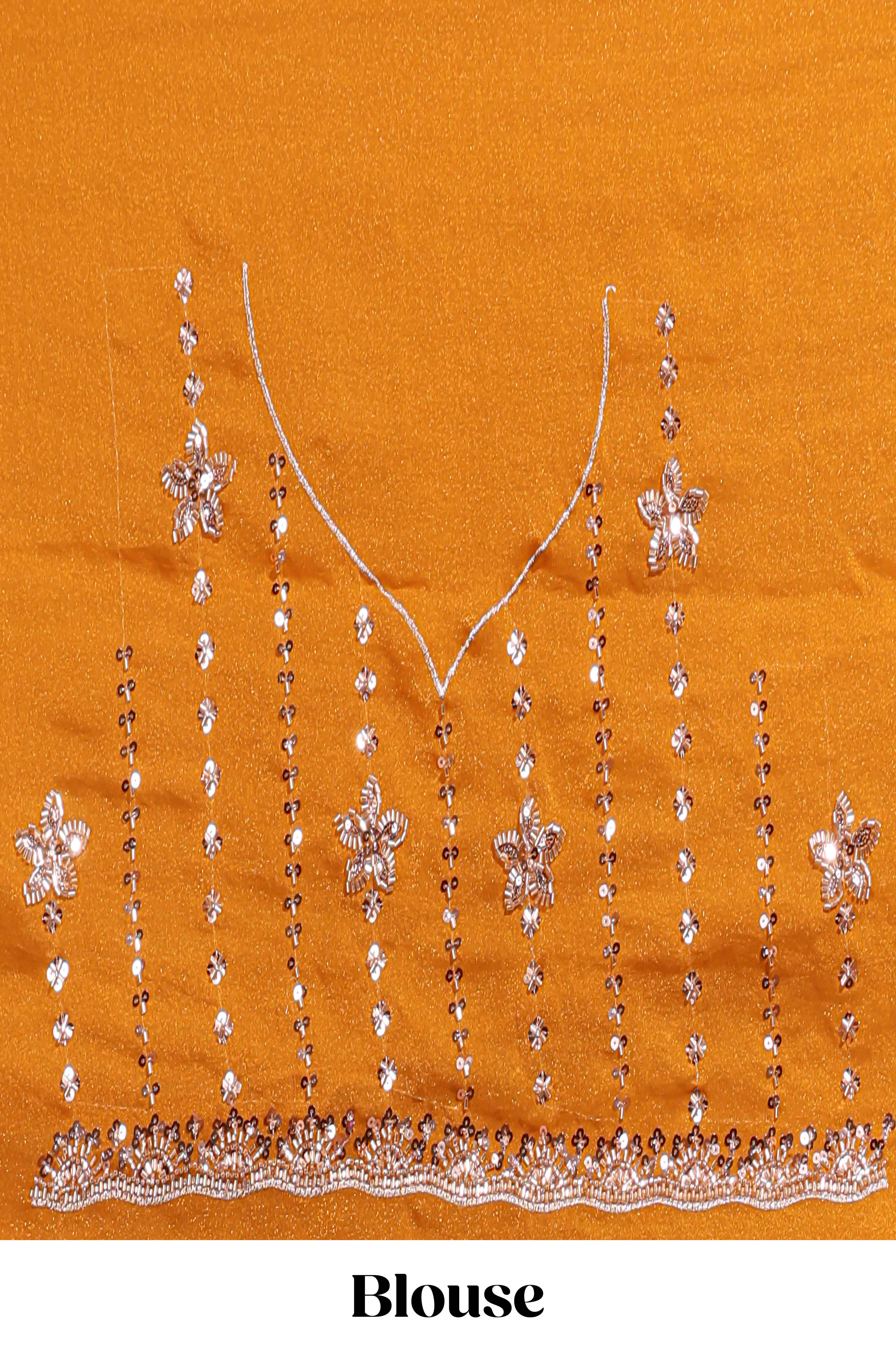 Orange saree with elegant sequin embellishments and a shimmering border along with embroidered blouse piece