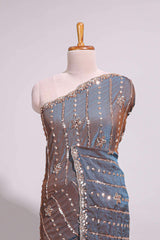 Steel blue saree with silver sequin floral motifs vertical stripe detailing and an embellished border along with blouse
