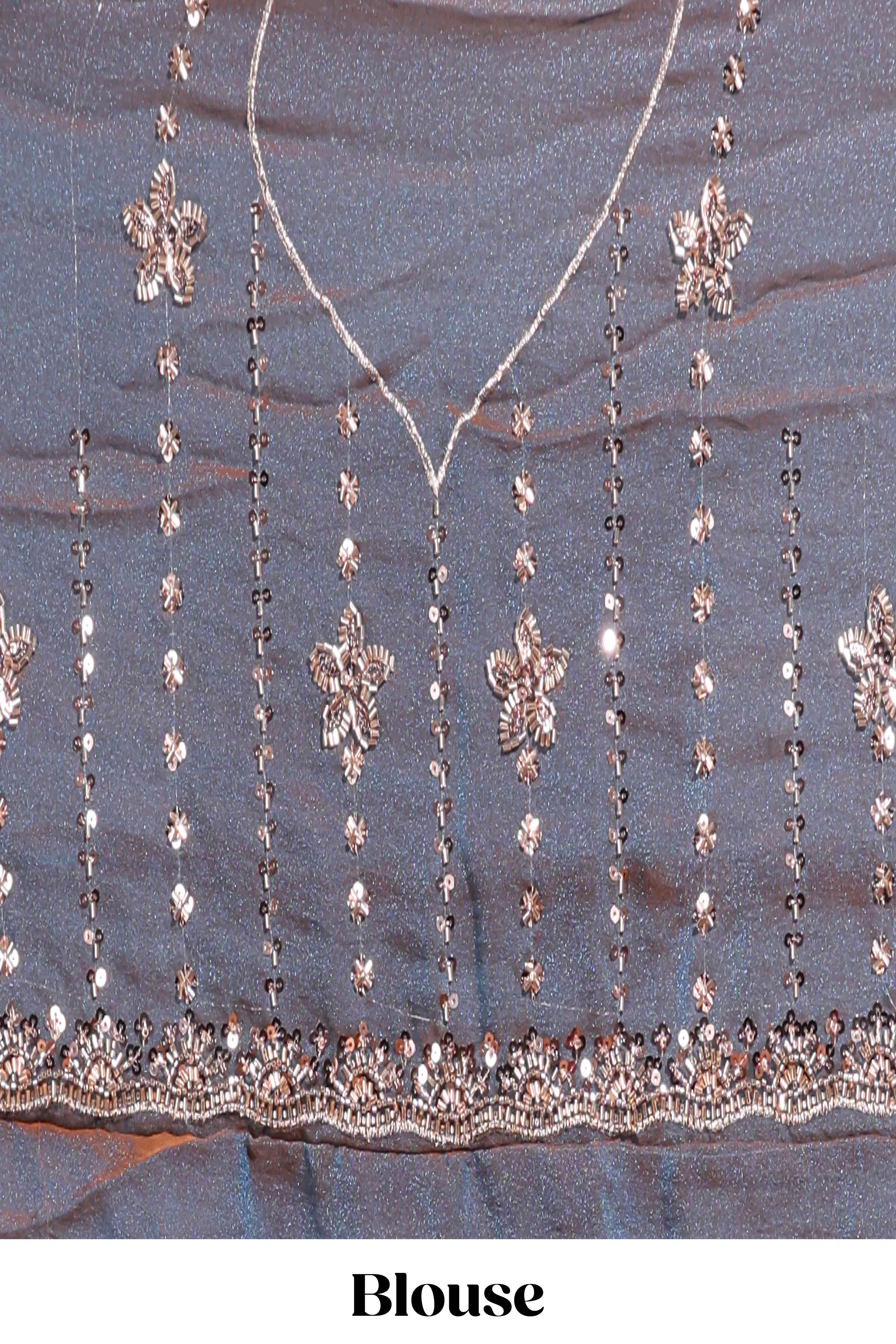 Steel blue saree with silver sequin floral motifs vertical stripe detailing and an embellished border along with blouse