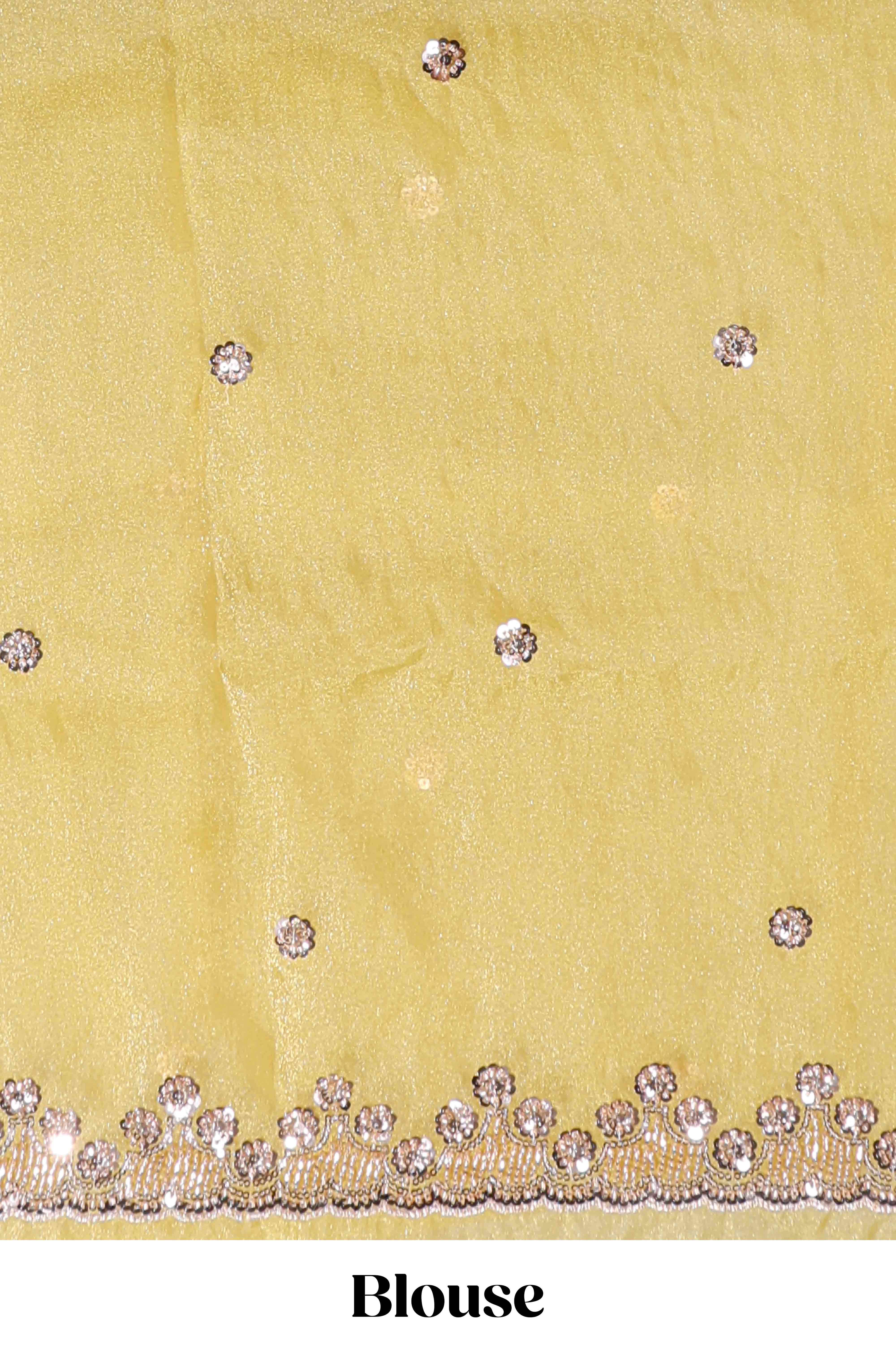 Lemon yellow saree with silver sequin abstract embroidery floral motifs and a shimmering embellished border along with matching blouse