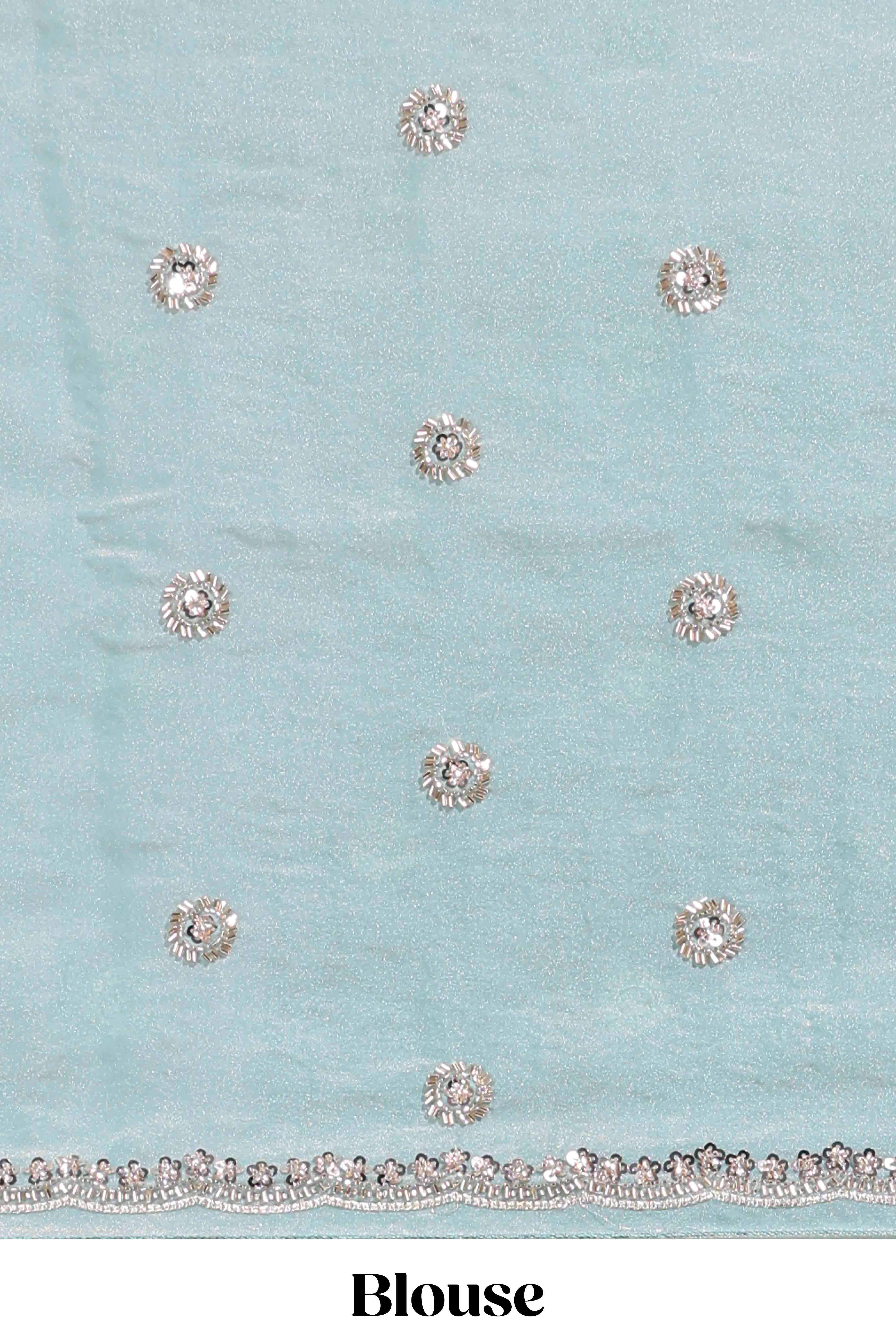 Pastel blue saree with silver sequin wavy line embroidery floral motifs and a sparkling embellished border along with matching blouse