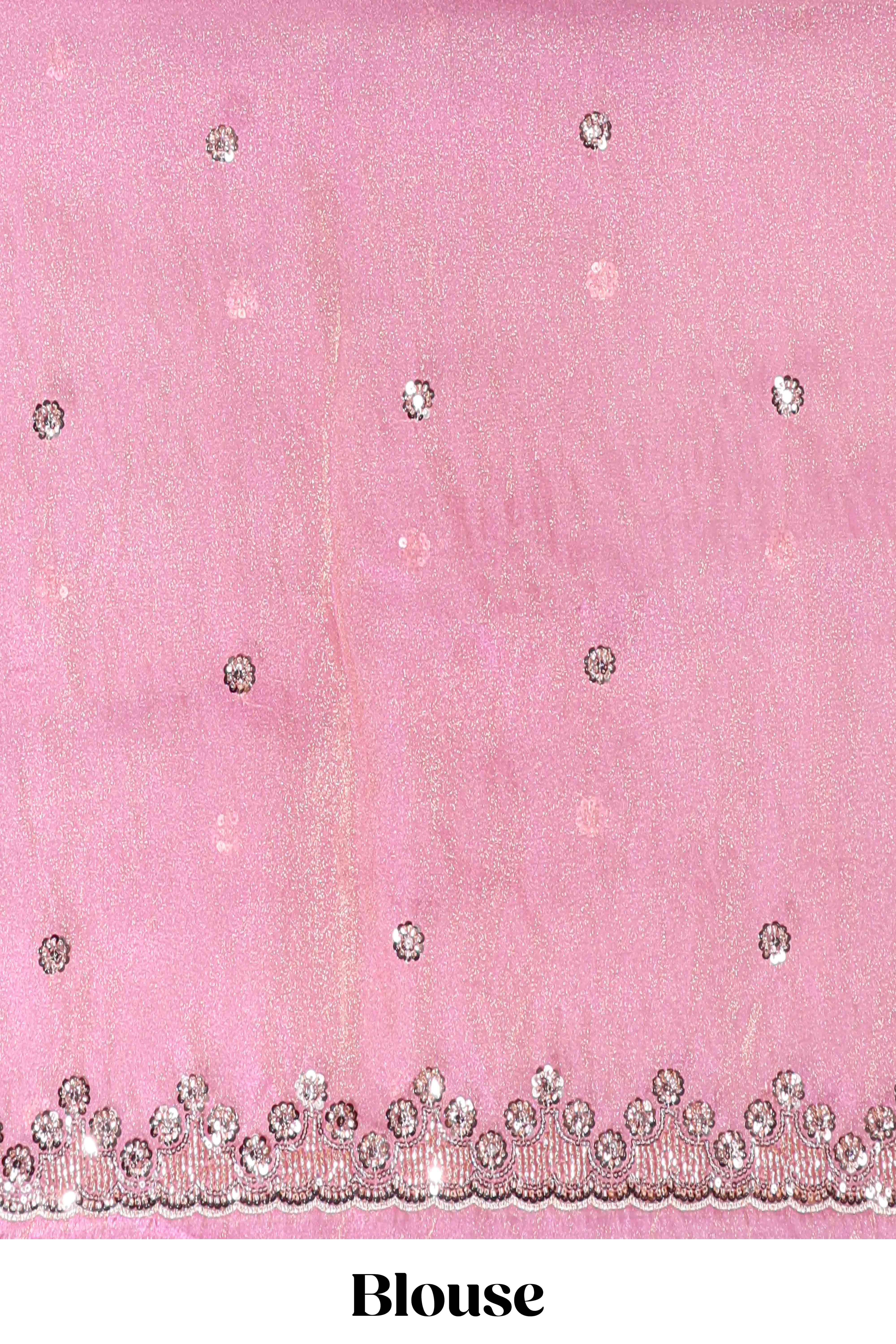 Dusty pink saree with sequin abstract wave embroidery and a detailed embellished border along with matching blouse