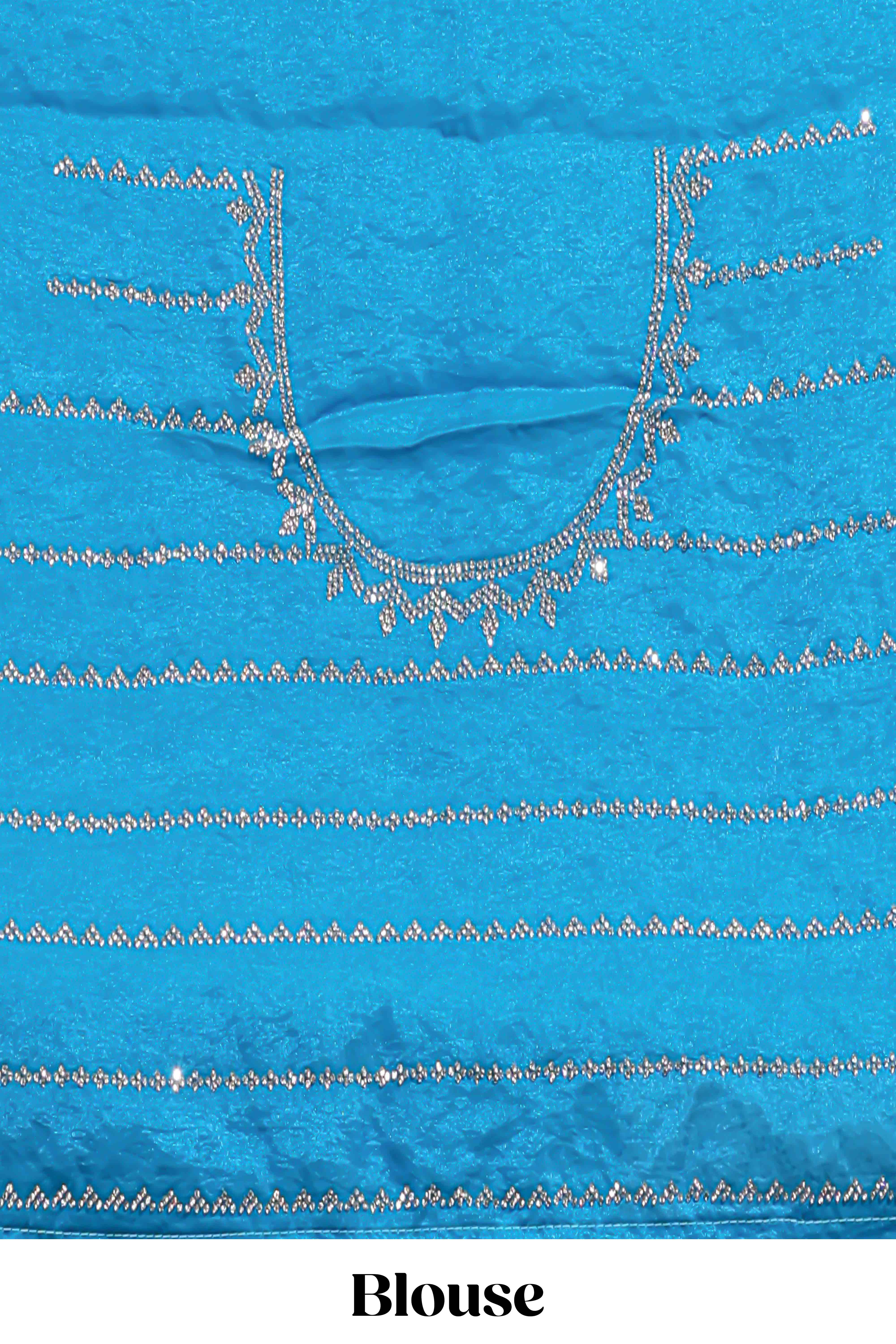 Blue saree with all over scallop pattern embroidery sequin detailing and a delicate embellished border along with matching blouse