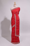 Red saree with silver sequin stripes embellished border and matching designer pallu along with blouse