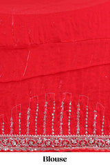Red saree with silver sequin stripes embellished border and matching designer pallu along with blouse