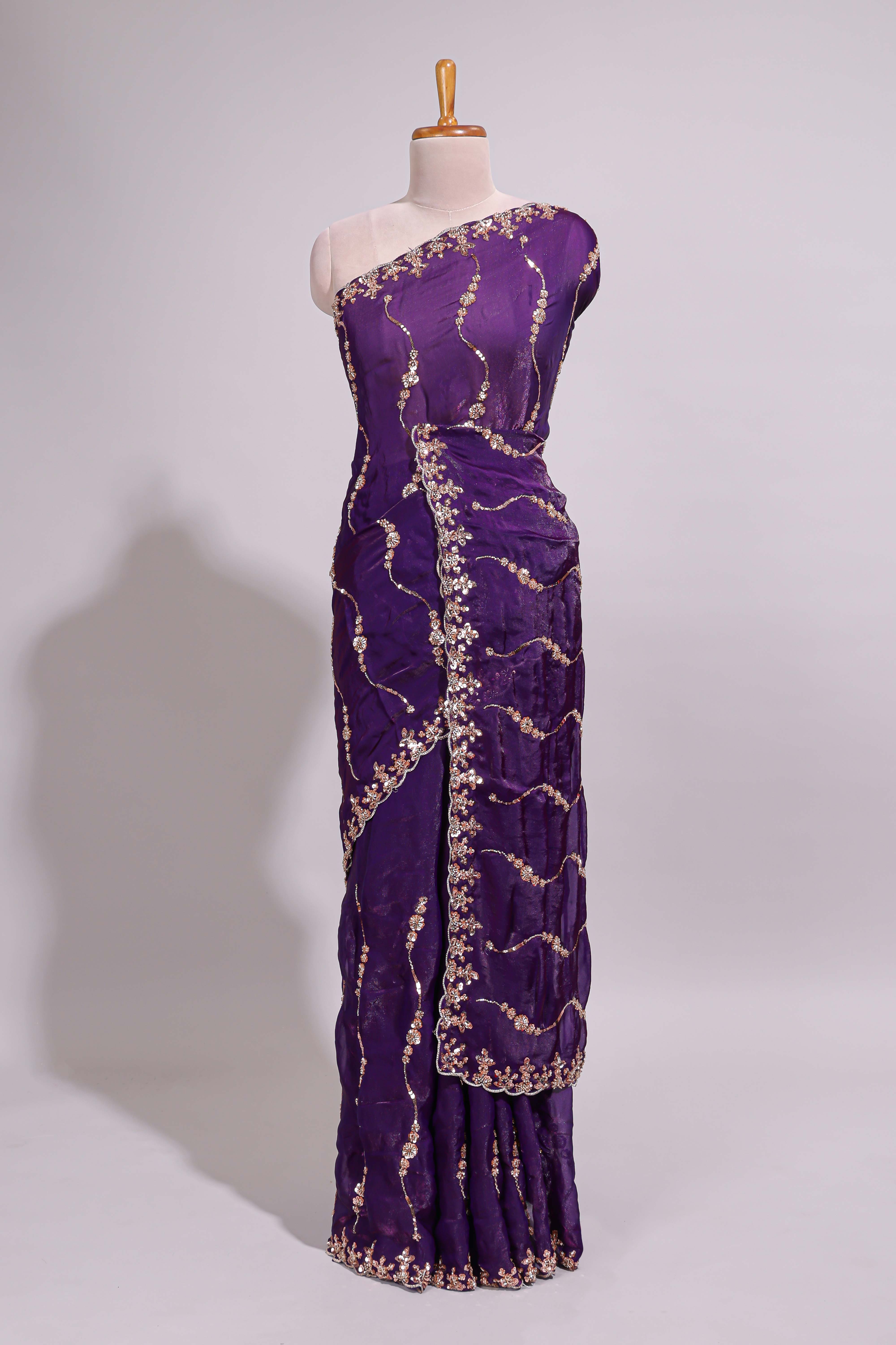 Purple saree with gold sequin wave pattern floral embellished border and matching designer pallu along with work blouse
