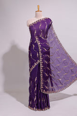 Purple saree with gold sequin wave pattern floral embellished border and matching designer pallu along with work blouse