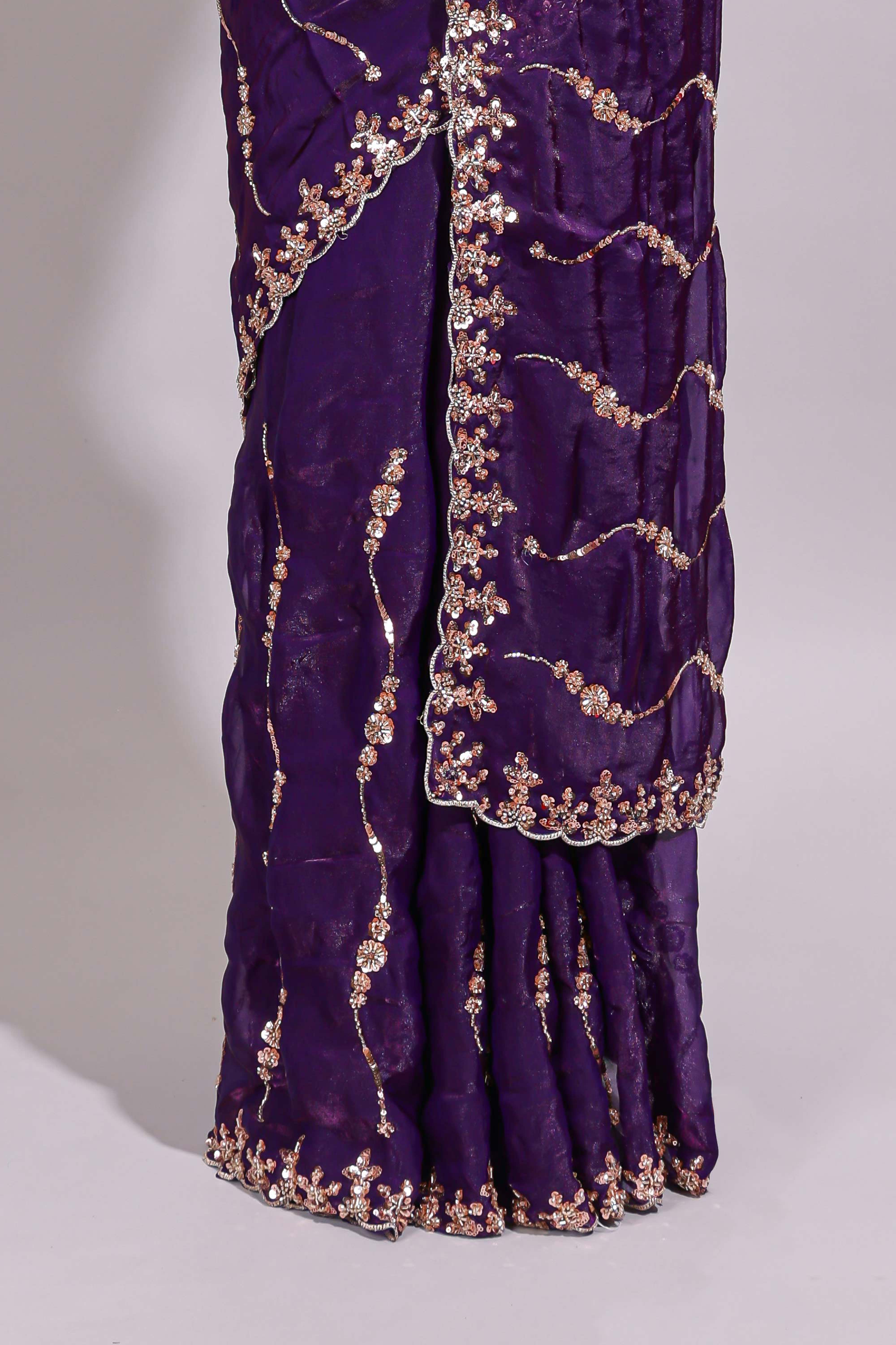 Purple saree with gold sequin wave pattern floral embellished border and matching designer pallu along with work blouse