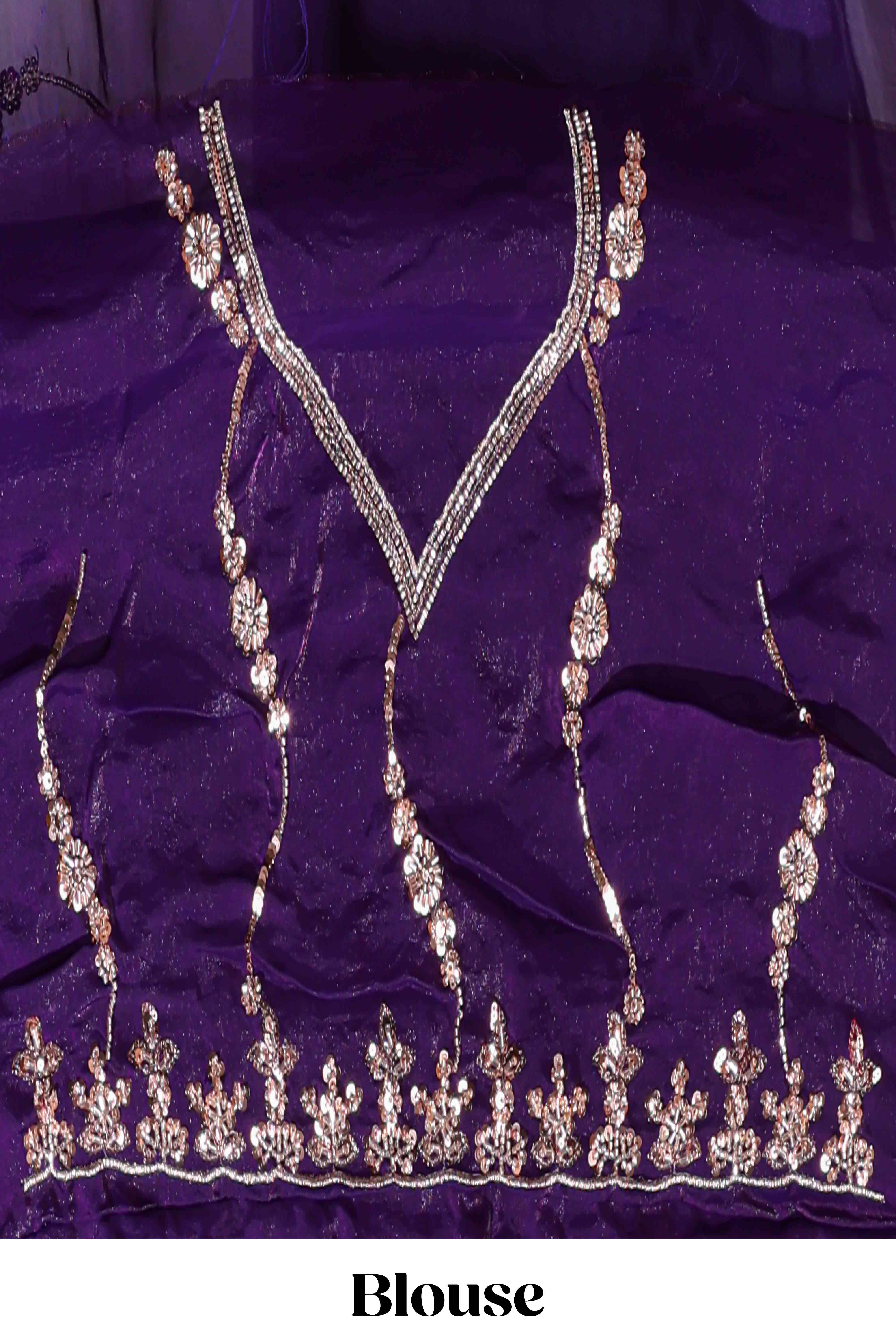 Purple saree with gold sequin wave pattern floral embellished border and matching designer pallu along with work blouse