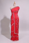 Red saree with silver vertical sequin lines floral motifs embellished border and matching pallu detailing along with matching blouse
