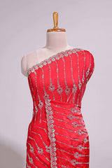 Red saree with silver vertical sequin lines floral motifs embellished border and matching pallu detailing along with matching blouse