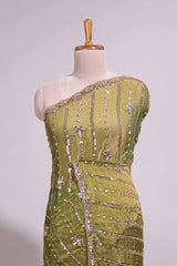 Olive green saree with silver sequin vertical lines floral motifs embellished border and matching pallu design along with matching blouse