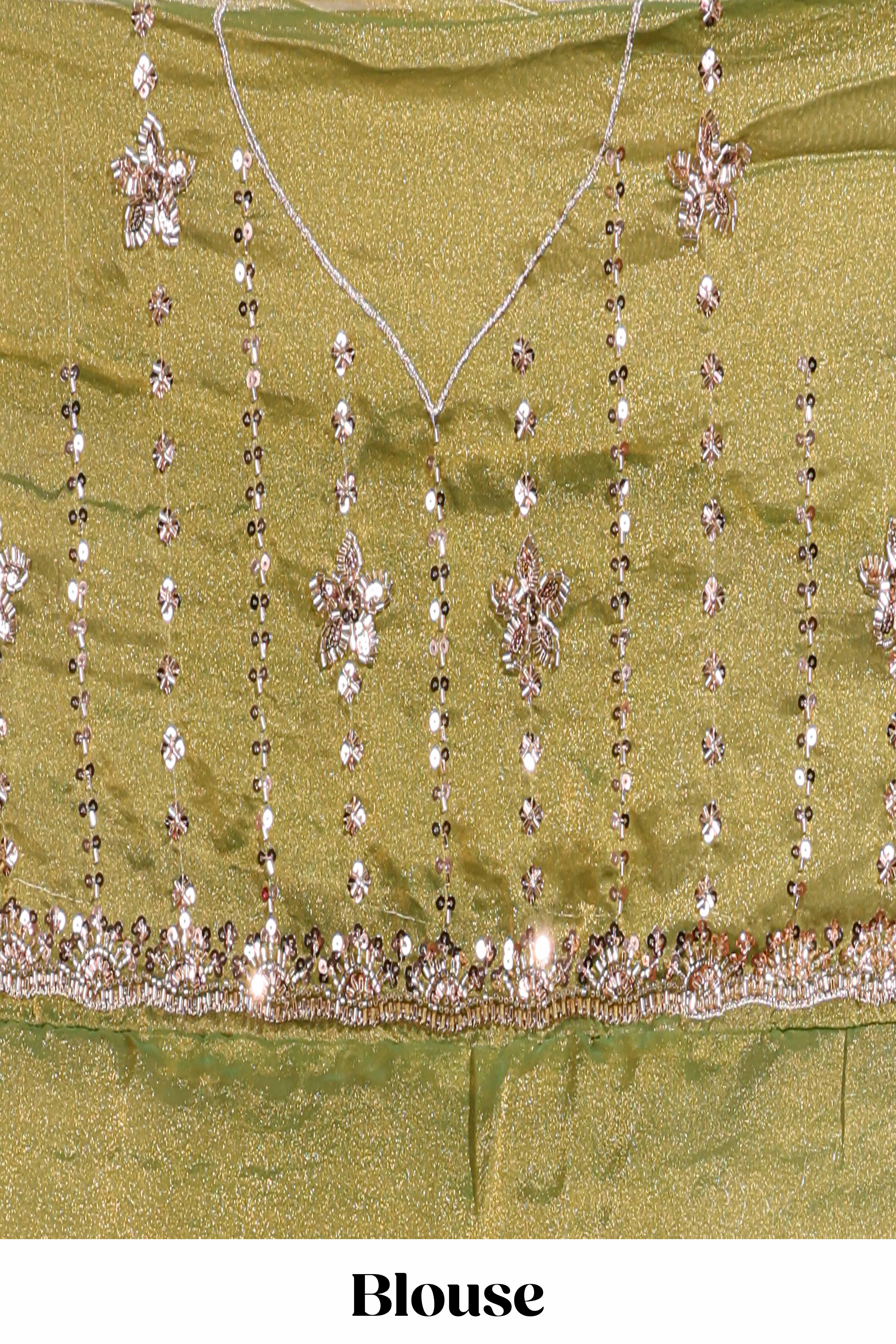 Olive green saree with silver sequin vertical lines floral motifs embellished border and matching pallu design along with matching blouse