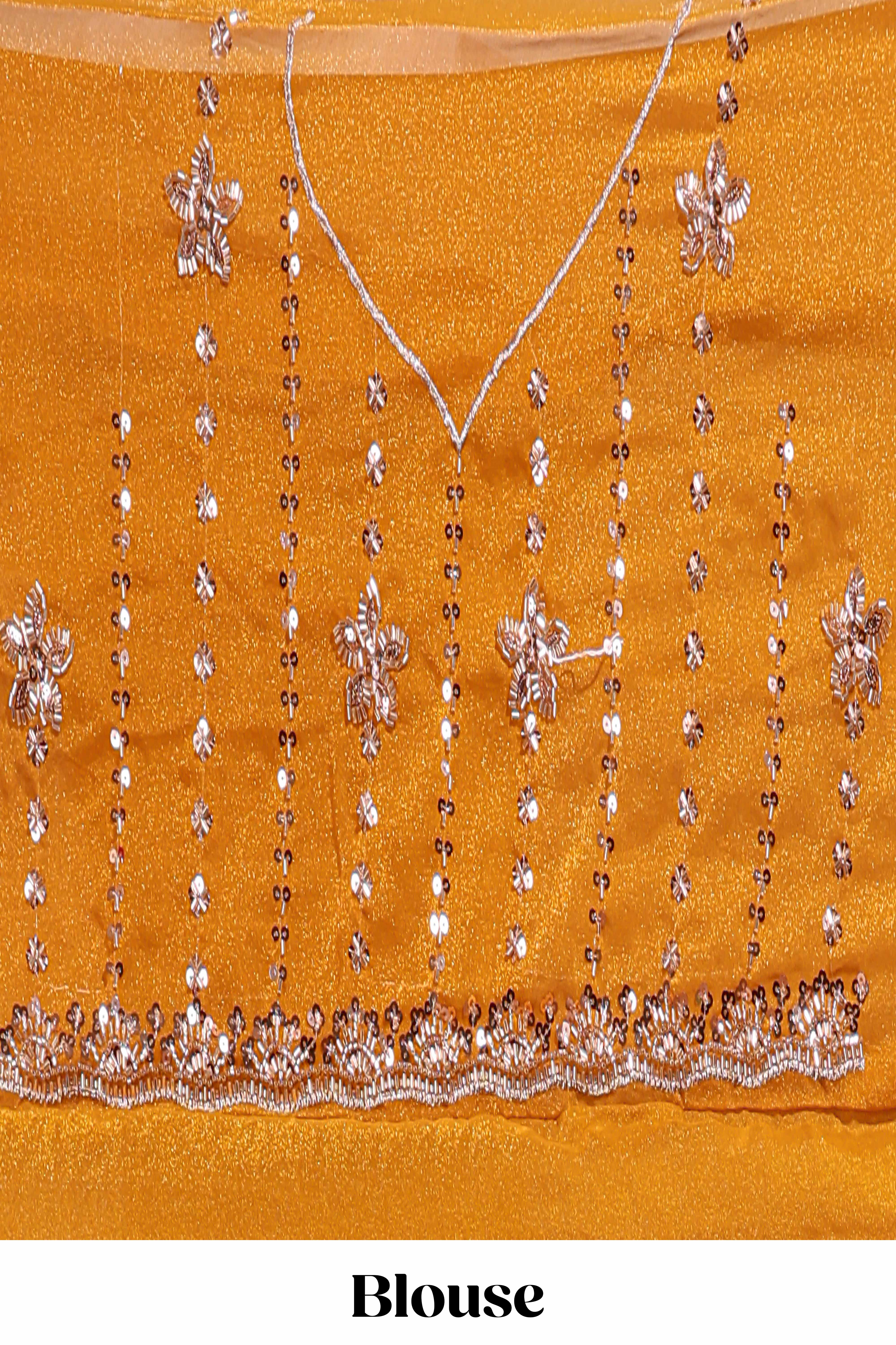 Mustard yellow saree with silver sequin vertical lines floral motifs embellished border and matching pallu design along with matching blouse