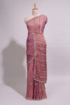 Onion pink saree with silver sequin vertical lines floral motifs embellished border and matching pallu design along with matching blouse