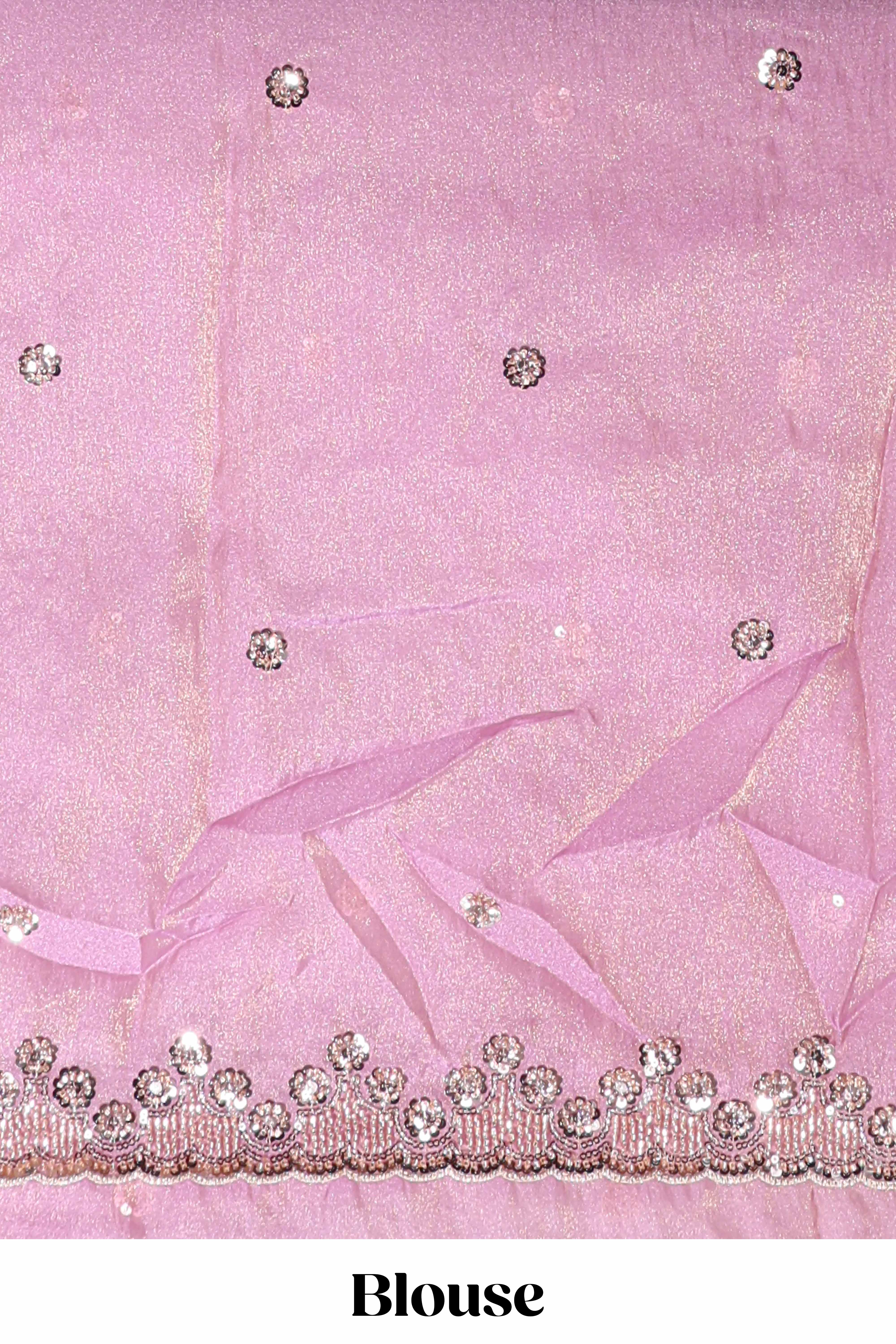 Onion pink saree with sequin abstract wave embroidery and a detailed embellished border along with matching blouse